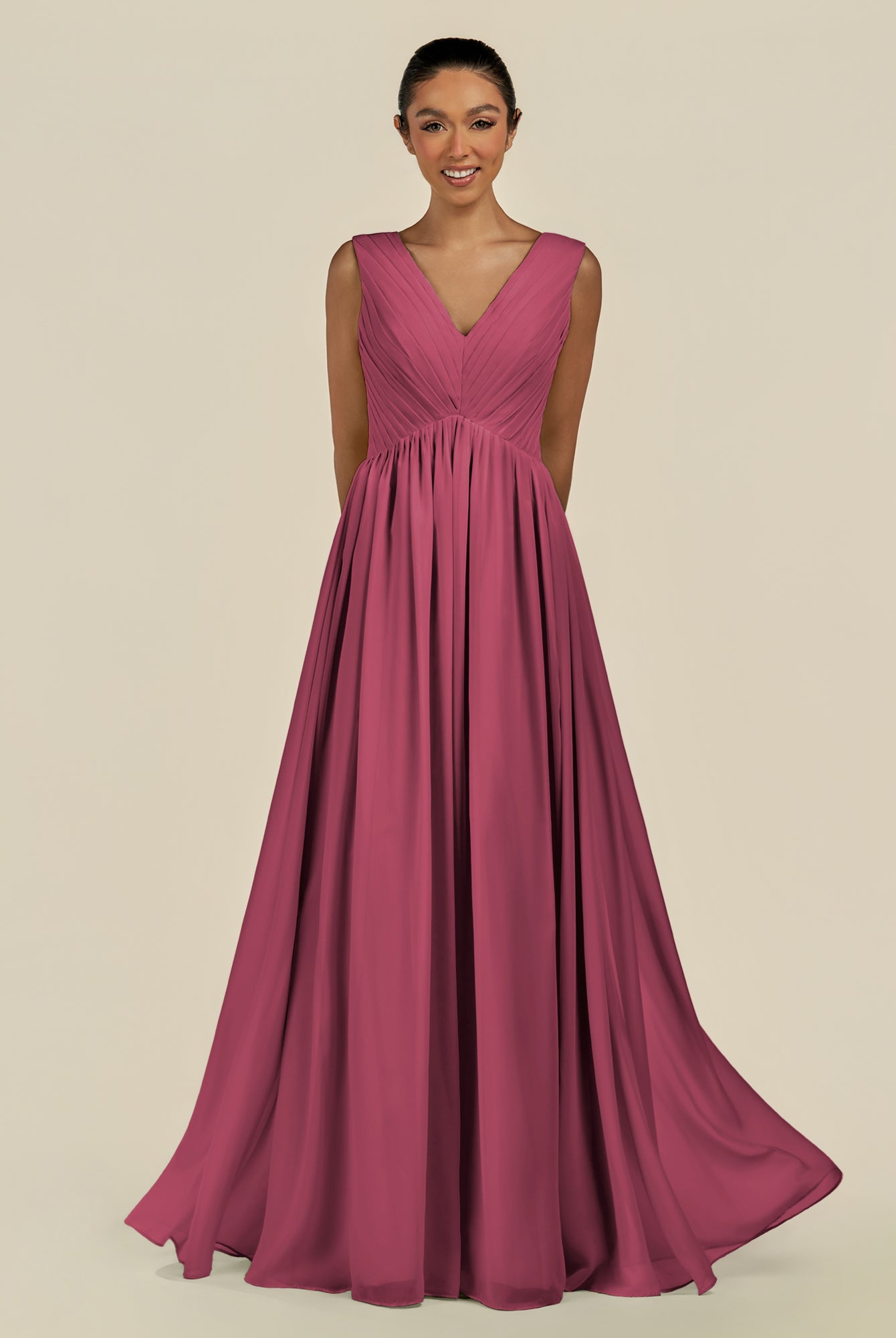 KissDress-Daryel Desert Rose A Line Chiffon V Neck Pleated Long Bridesmaid Dress