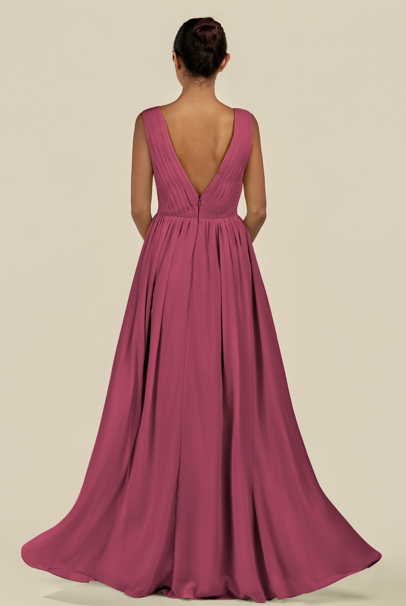 KissDress-Daryel Desert Rose A Line Chiffon V Neck Pleated Long Bridesmaid Dress