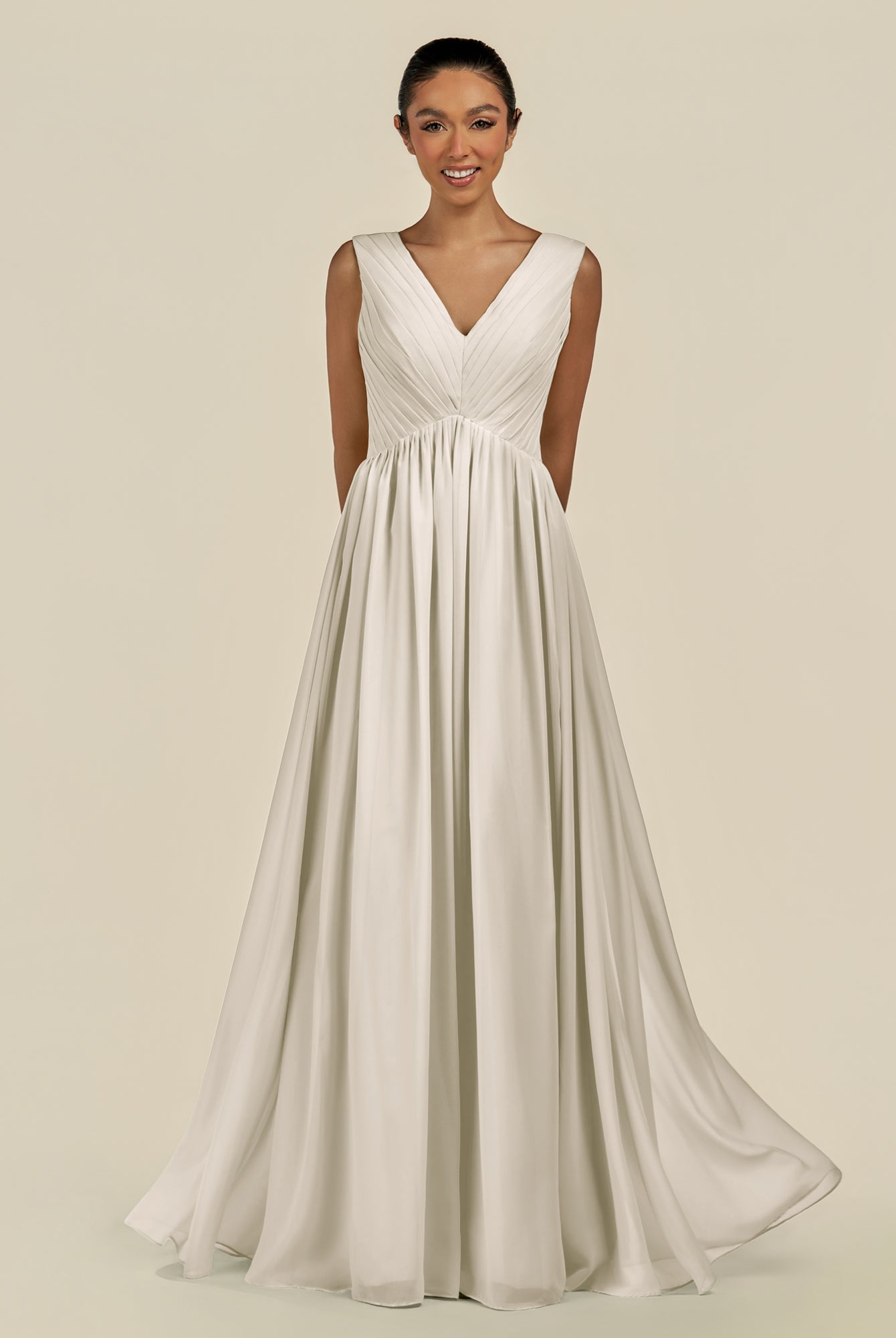 KissDress-Daryel Dove Gray A Line Chiffon V Neck Pleated Long Bridesmaid Dress