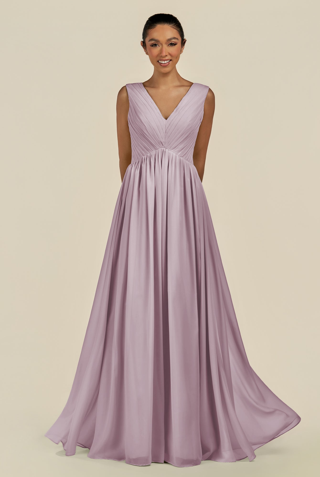 KissDress-Daryel Dusk A Line Chiffon V Neck Pleated Long Bridesmaid Dress