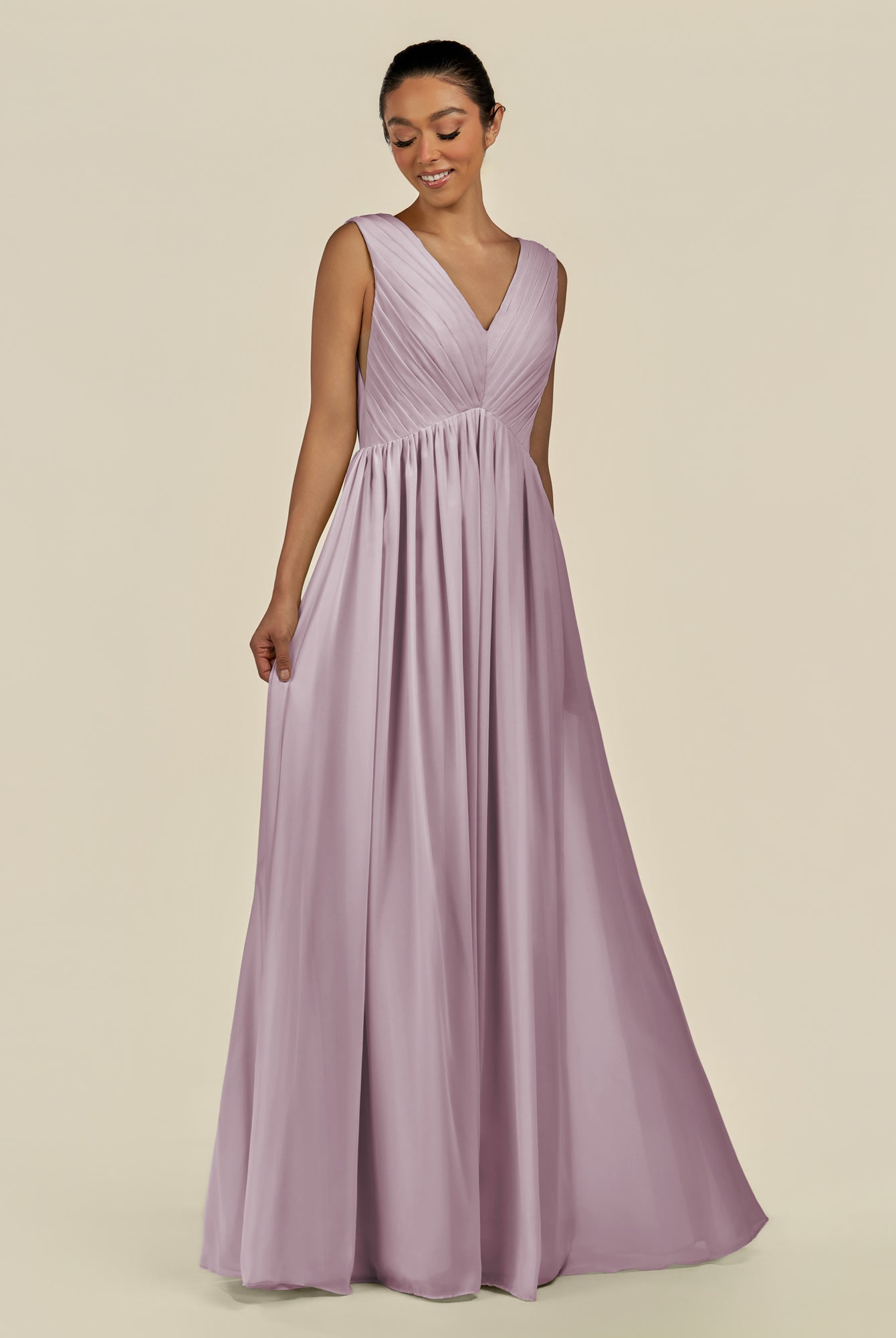 KissDress-Daryel Dusk A Line Chiffon V Neck Pleated Long Bridesmaid Dress