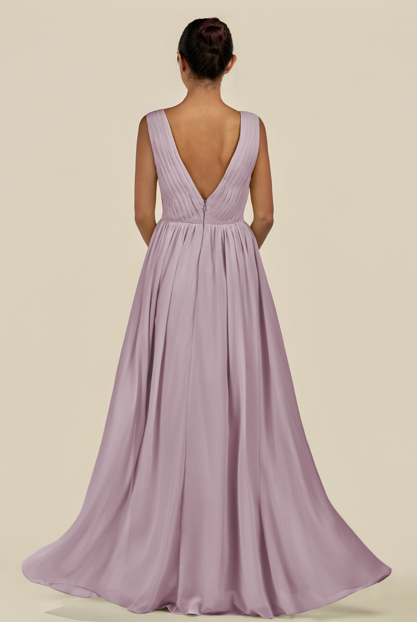 KissDress-Daryel Dusk A Line Chiffon V Neck Pleated Long Bridesmaid Dress