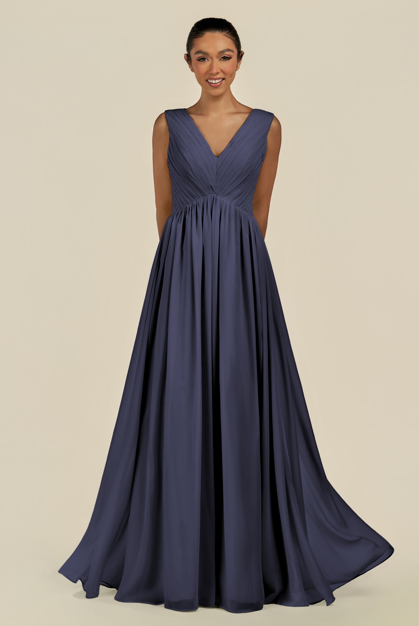 KissDress-Daryel Dusk Blue A Line Chiffon V Neck Pleated Long Bridesmaid Dress