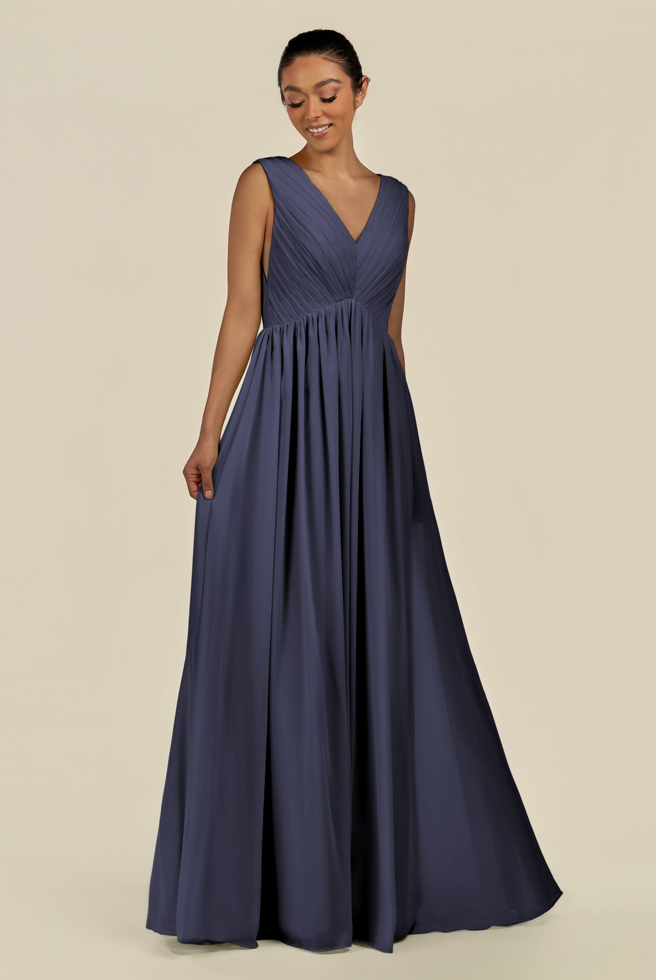 KissDress-Daryel Dusk Blue A Line Chiffon V Neck Pleated Long Bridesmaid Dress