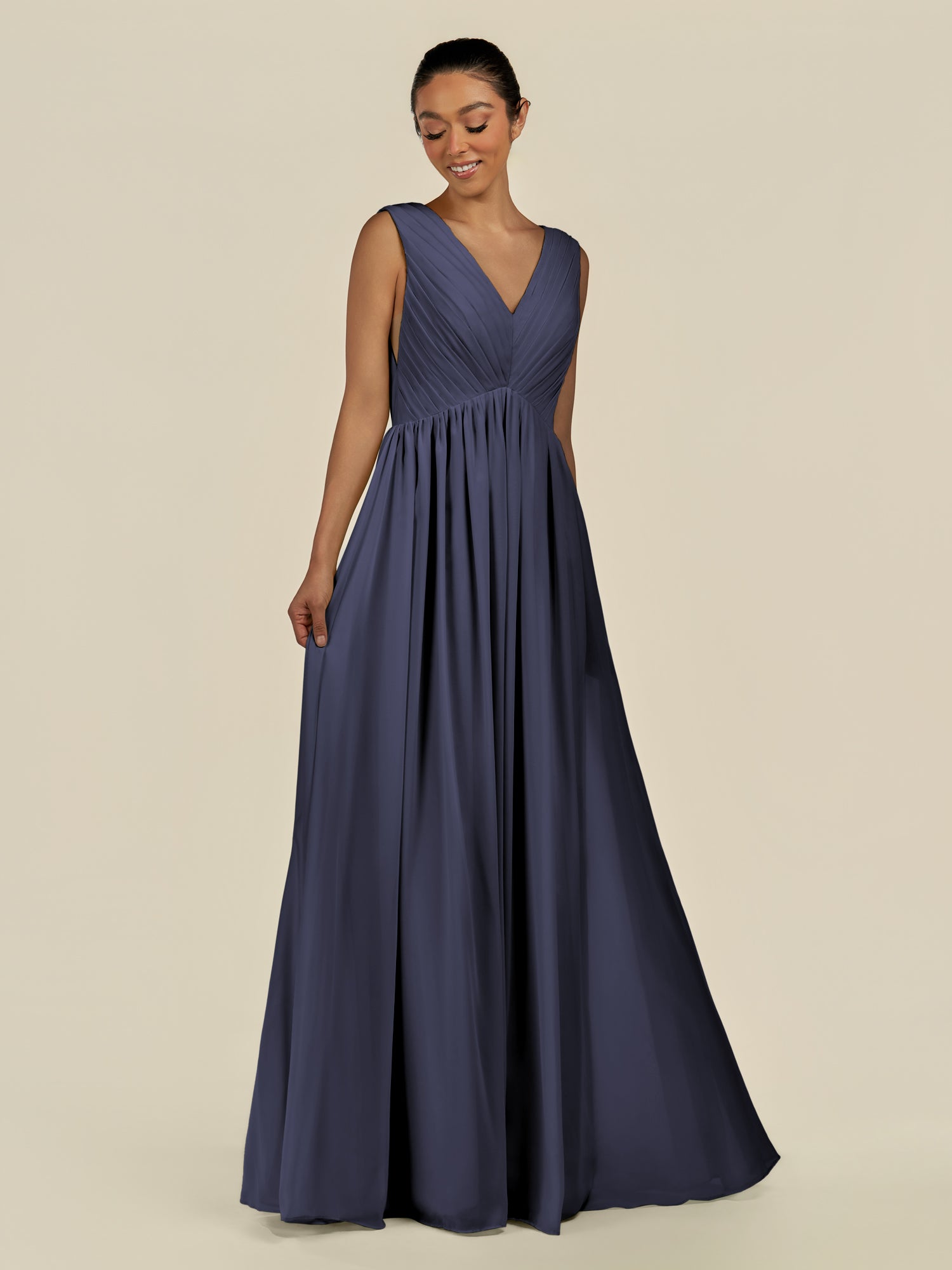 KissDress-Daryel Dusk Blue A Line Chiffon V Neck Pleated Long Bridesmaid Dress