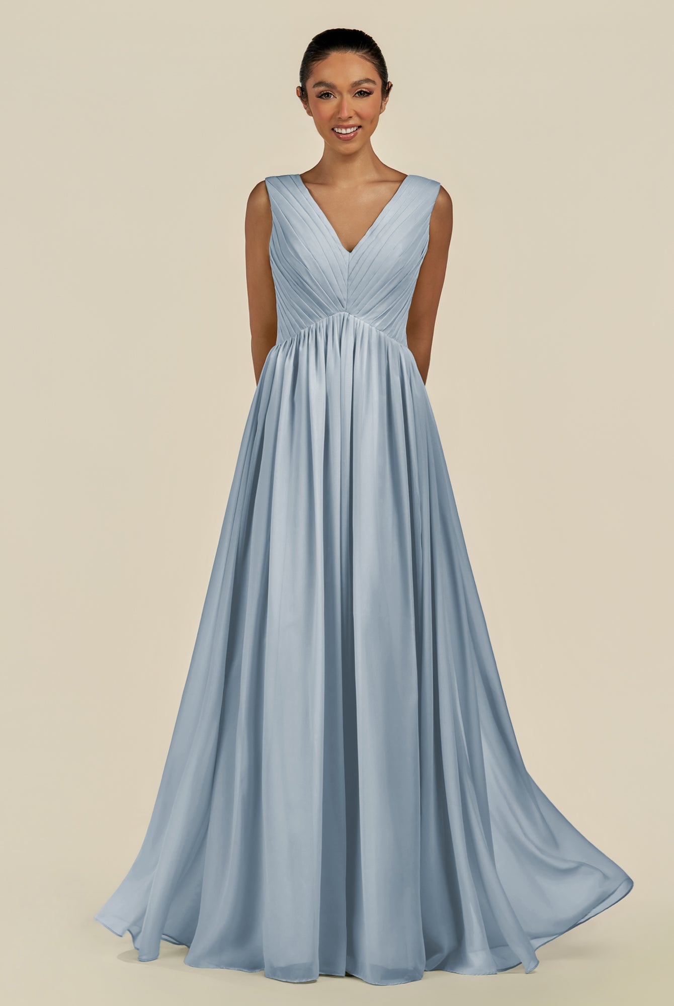 KissDress-Daryel Dusty Blue A Line Chiffon V Neck Pleated Long Bridesmaid Dress
