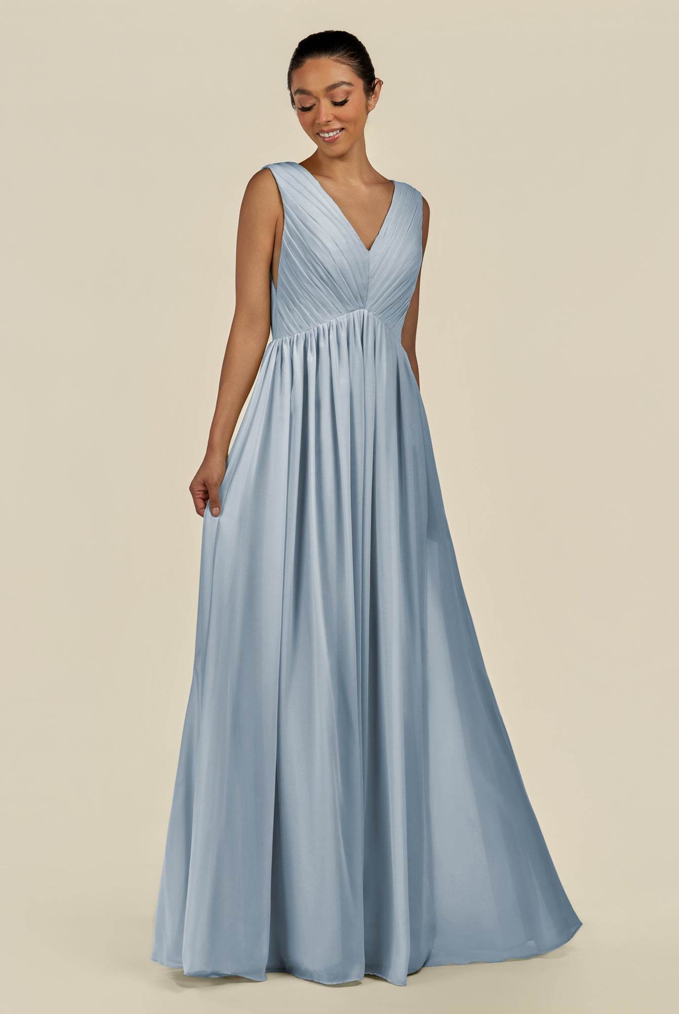 KissDress-Daryel Dusty Blue A Line Chiffon V Neck Pleated Long Bridesmaid Dress