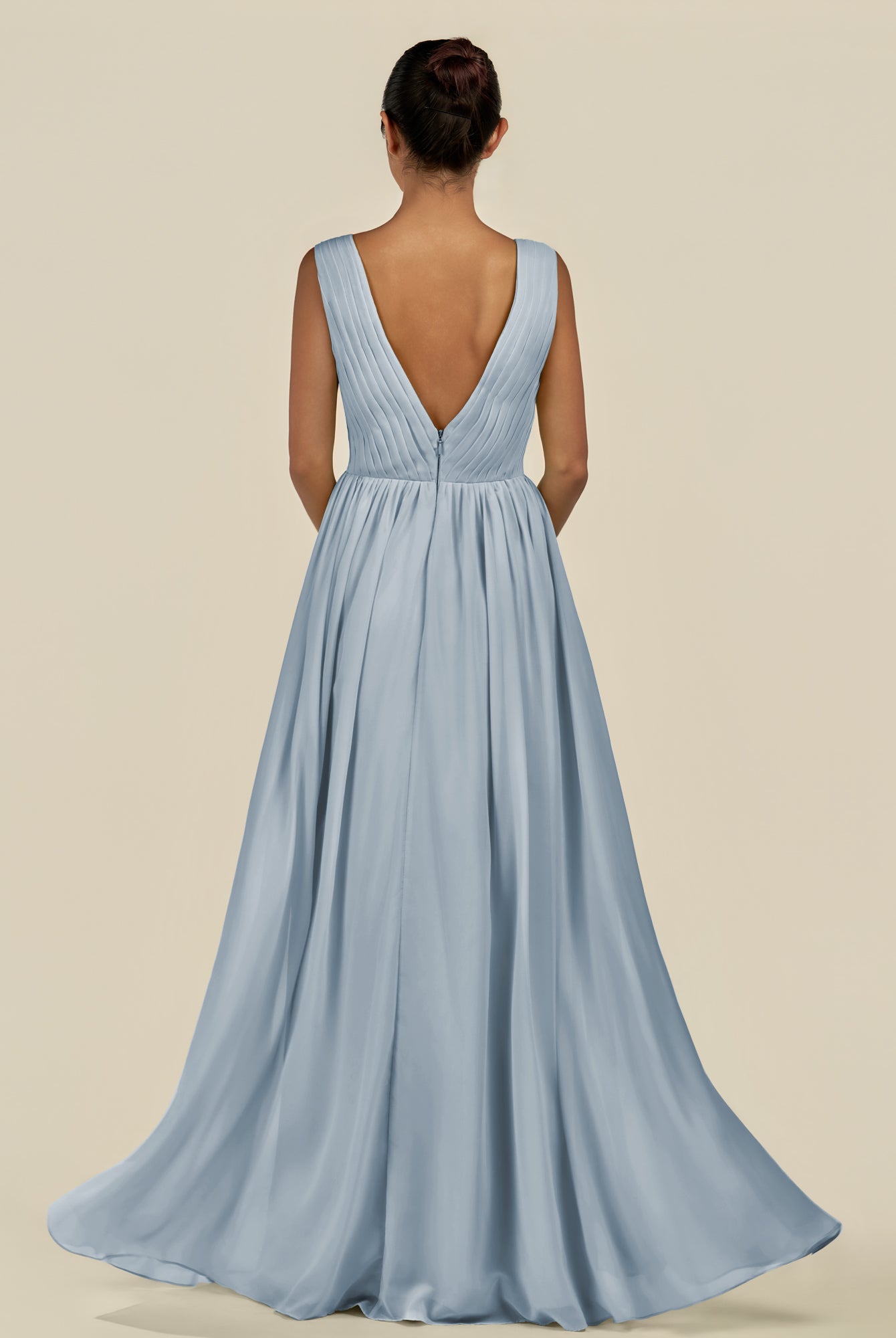 KissDress-Daryel Dusty Blue A Line Chiffon V Neck Pleated Long Bridesmaid Dress