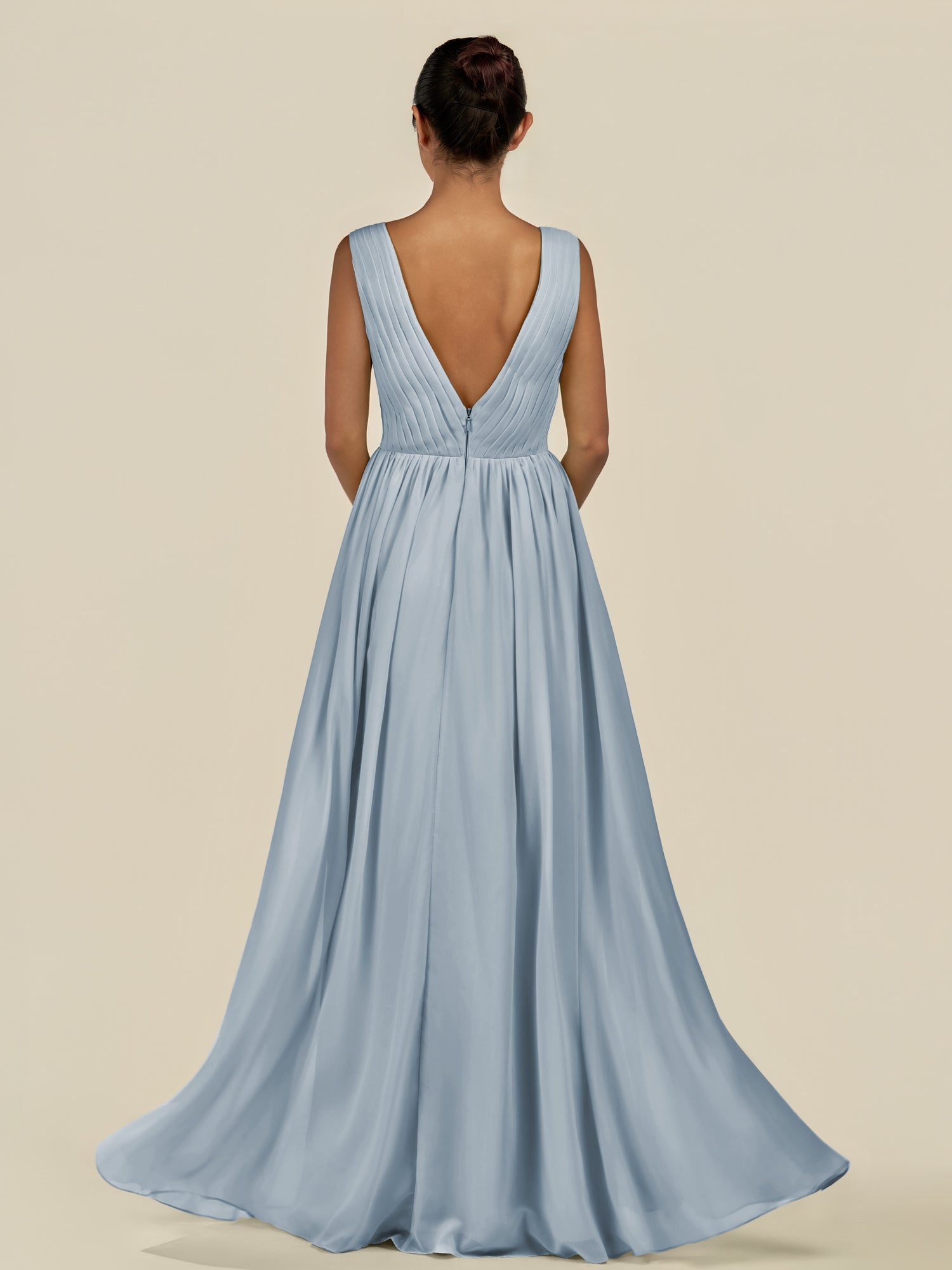 KissDress-Daryel Dusty Blue A Line Chiffon V Neck Pleated Long Bridesmaid Dress
