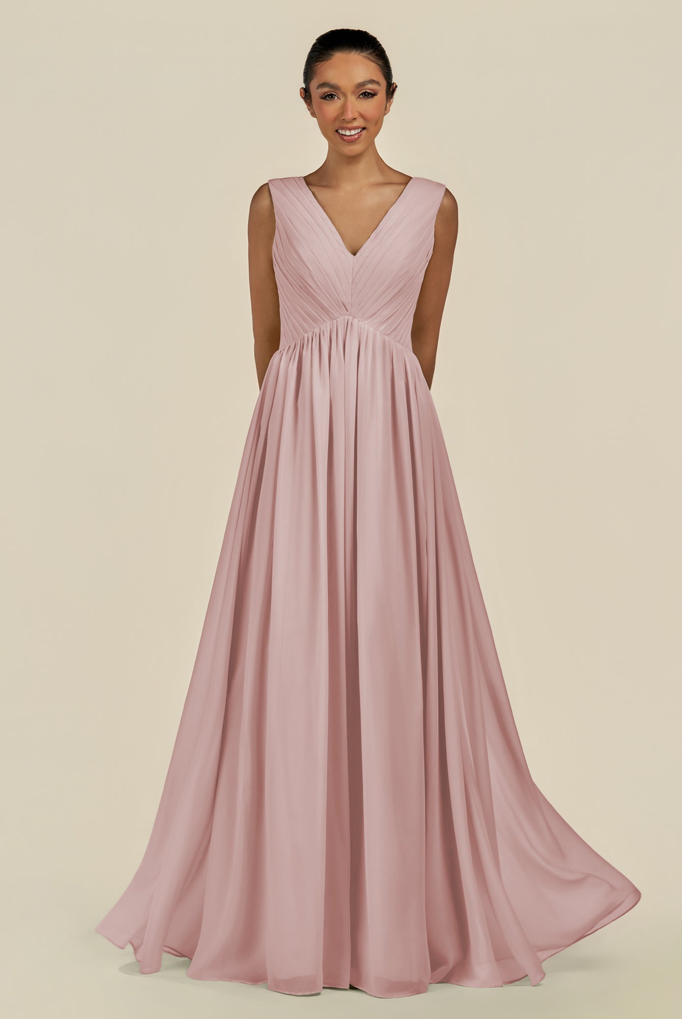 KissDress-Daryel Dusty Rose A Line Chiffon V Neck Pleated Long Bridesmaid Dress