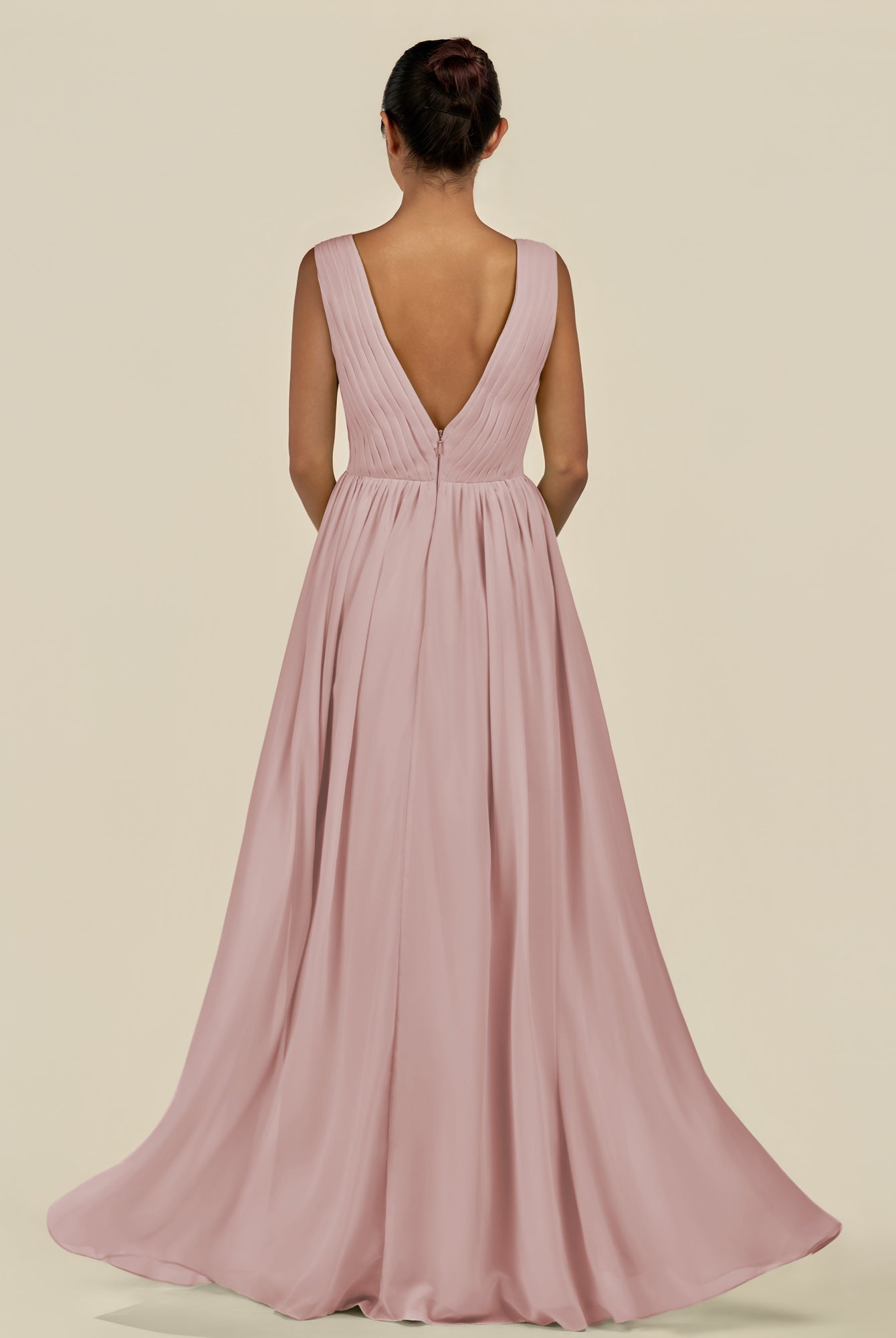 KissDress-Daryel Dusty Rose A Line Chiffon V Neck Pleated Long Bridesmaid Dress