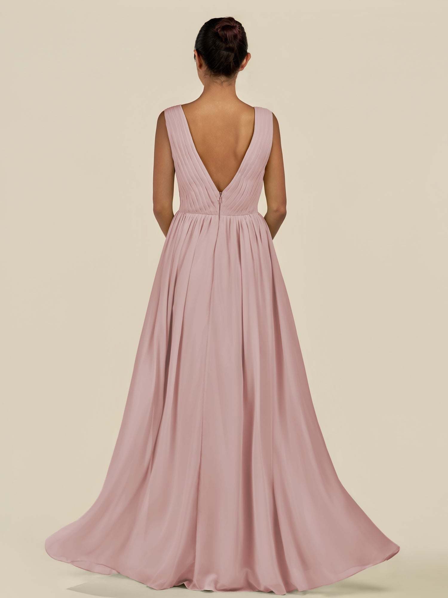 KissDress-Daryel Dusty Rose A Line Chiffon V Neck Pleated Long Bridesmaid Dress