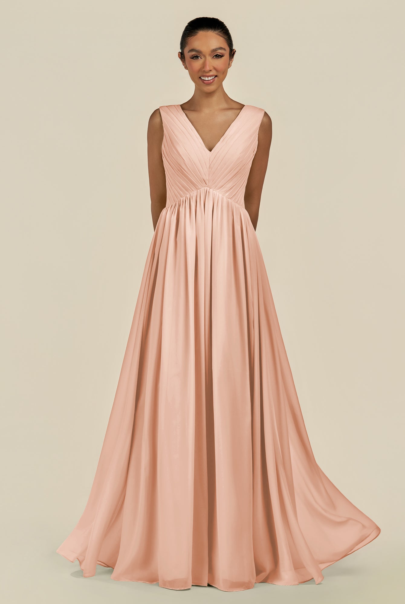 KissDress-Daryel English Rose A Line Chiffon V Neck Pleated Long Bridesmaid Dress
