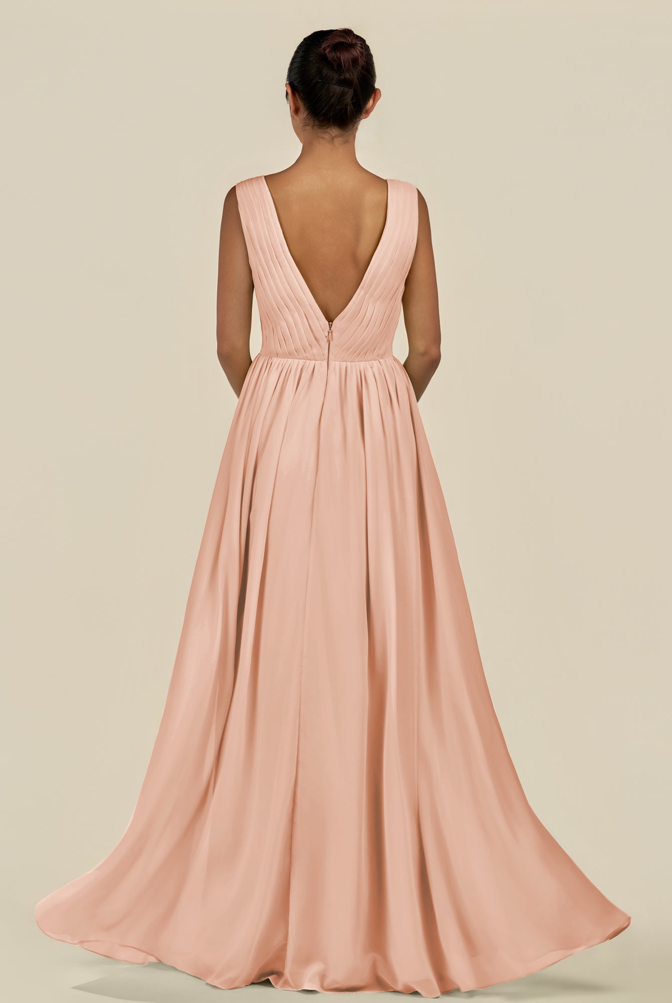 KissDress-Daryel English Rose A Line Chiffon V Neck Pleated Long Bridesmaid Dress