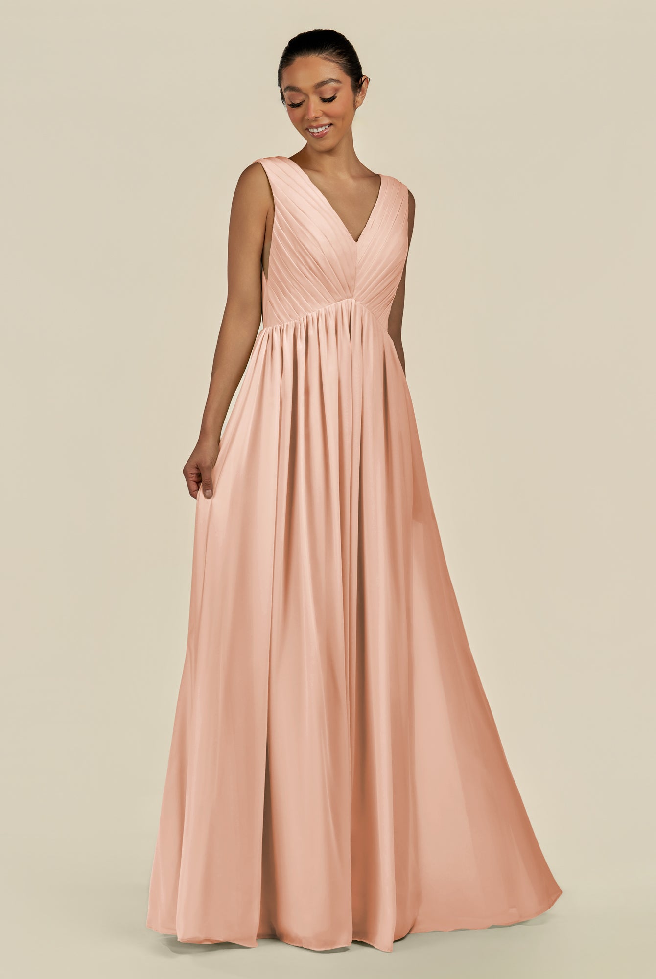KissDress-Daryel English Rose A Line Chiffon V Neck Pleated Long Bridesmaid Dress