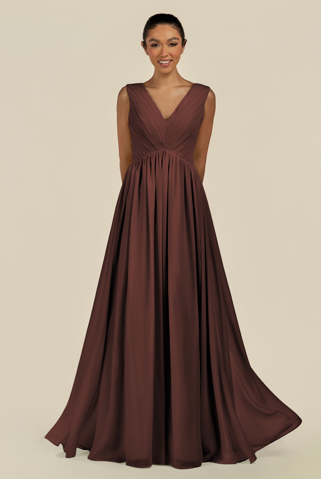 KissDress-Daryel Espresso A Line Chiffon V Neck Pleated Long Bridesmaid Dress