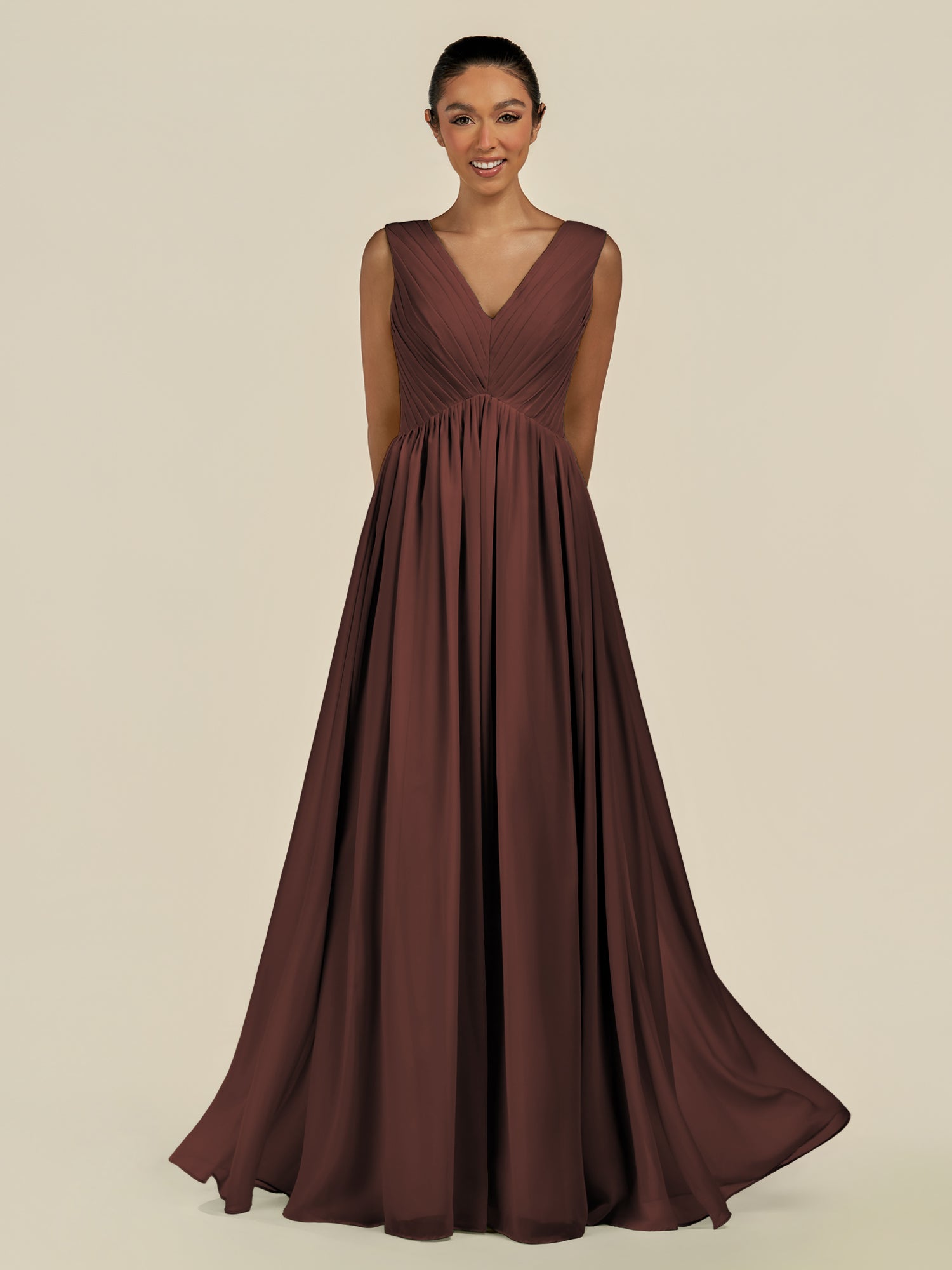 KissDress-Daryel Espresso A Line Chiffon V Neck Pleated Long Bridesmaid Dress