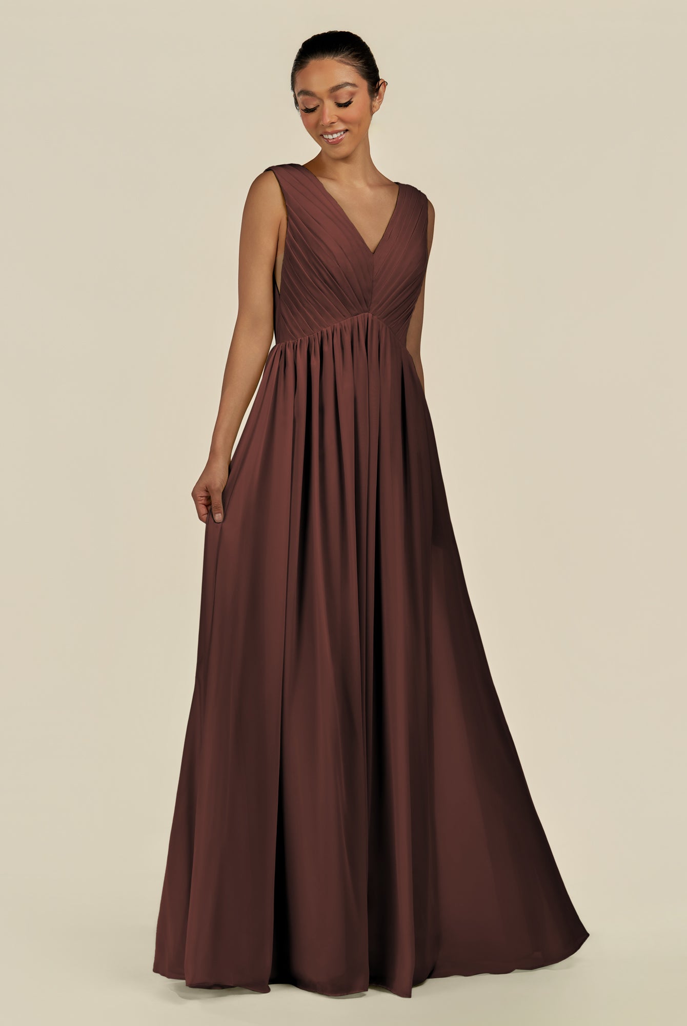 KissDress-Daryel Espresso A Line Chiffon V Neck Pleated Long Bridesmaid Dress