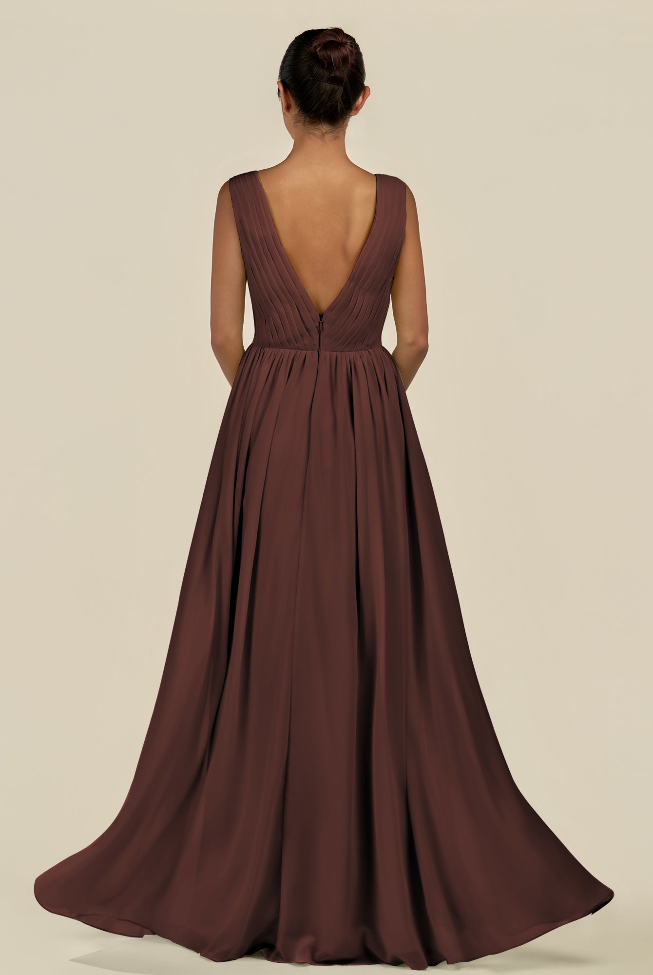 KissDress-Daryel Espresso A Line Chiffon V Neck Pleated Long Bridesmaid Dress