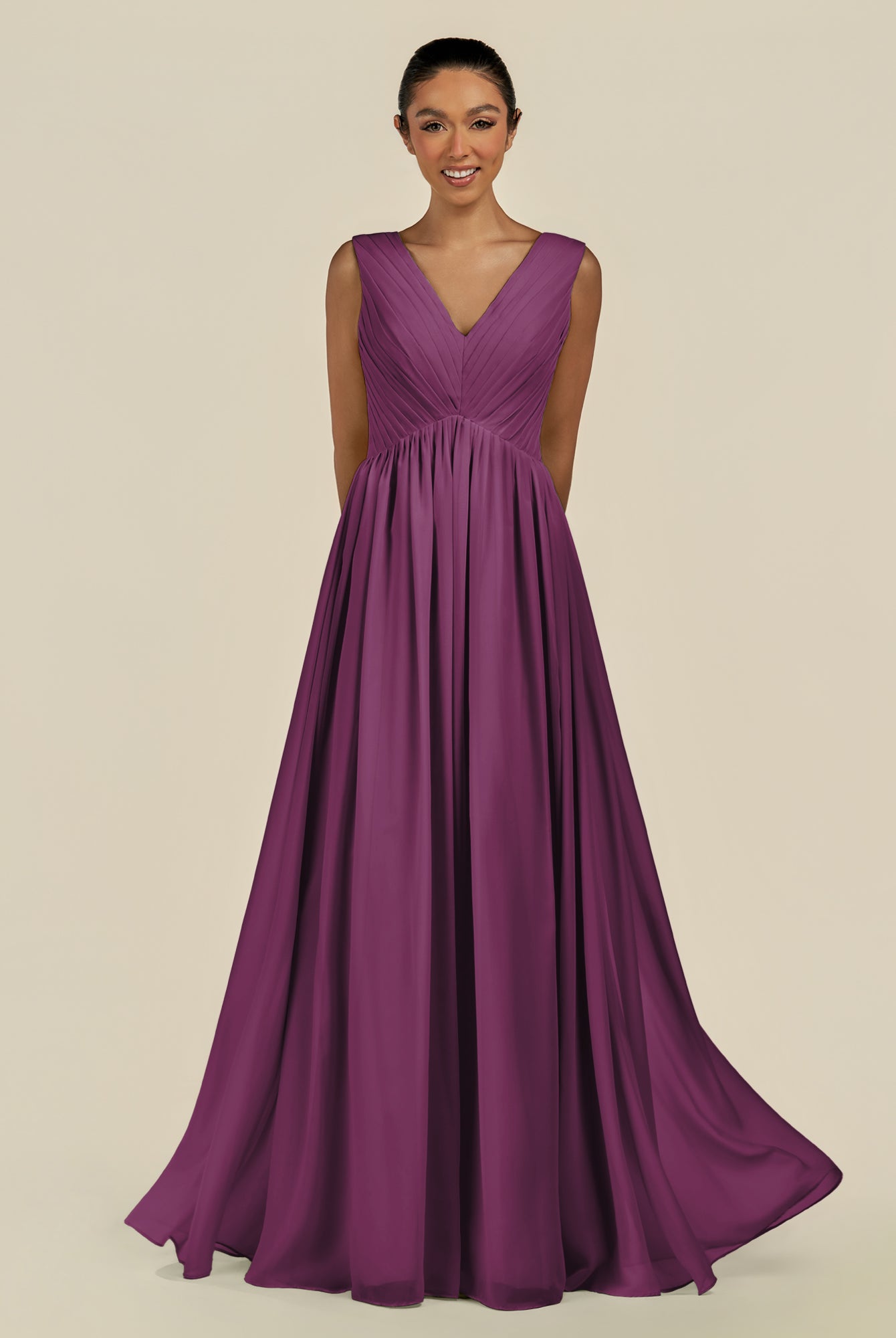 KissDress-Daryel Fig A Line Chiffon V Neck Pleated Long Bridesmaid Dress