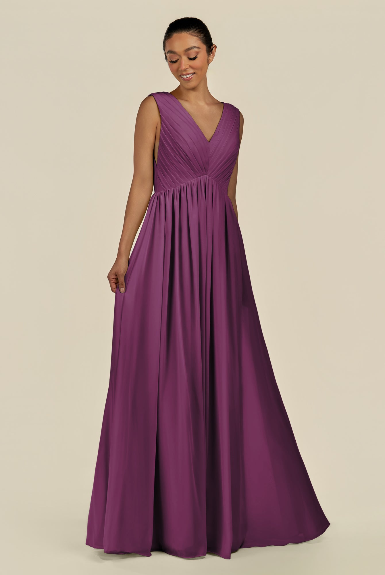KissDress-Daryel Fig A Line Chiffon V Neck Pleated Long Bridesmaid Dress