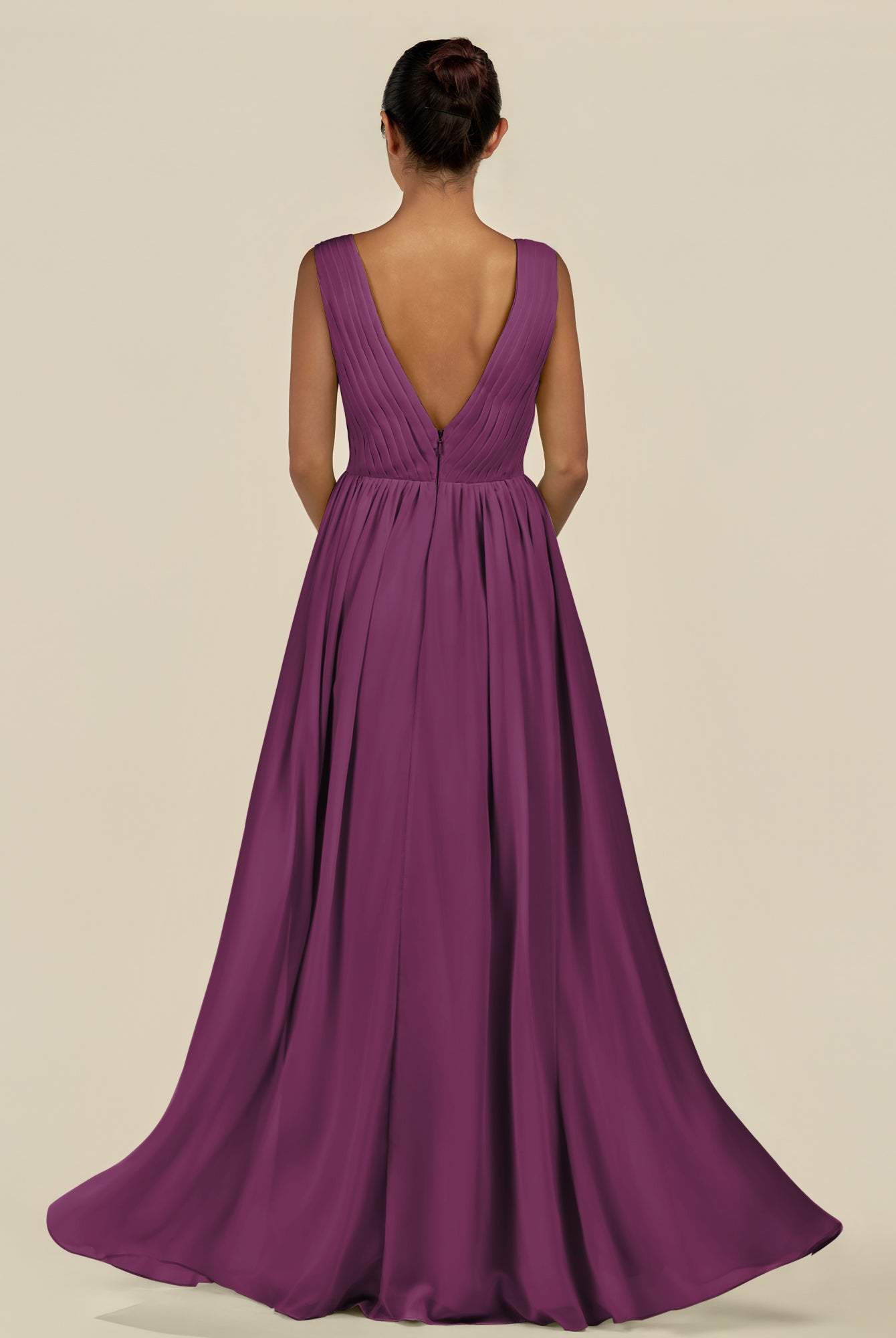 KissDress-Daryel Fig A Line Chiffon V Neck Pleated Long Bridesmaid Dress