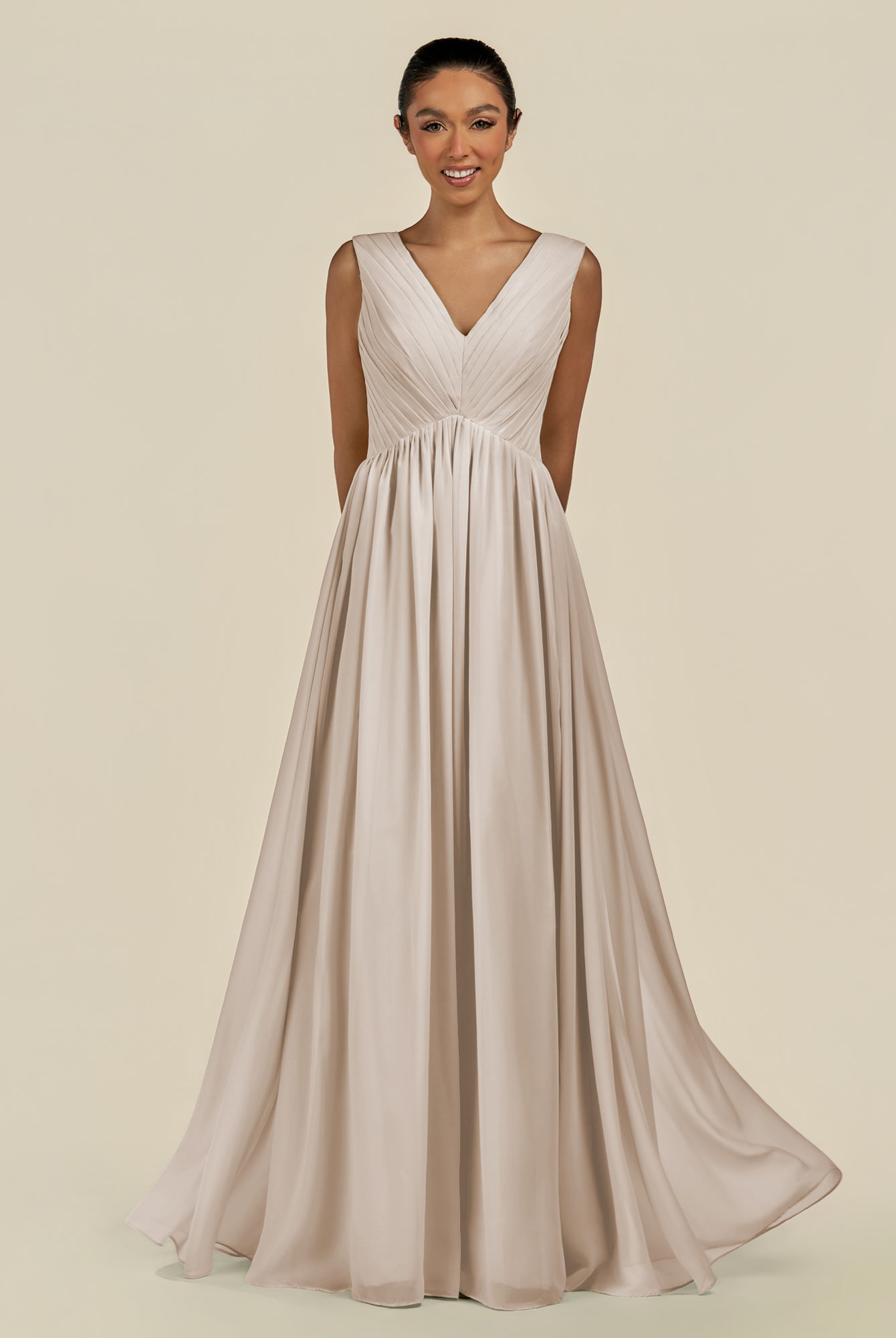 KissDress-Daryel Frost A Line Chiffon V Neck Pleated Long Bridesmaid Dress
