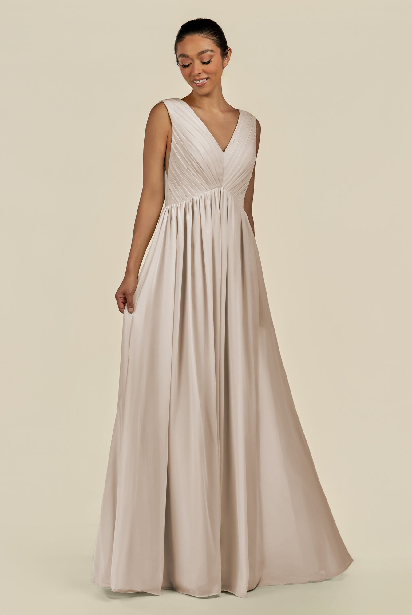 KissDress-Daryel Frost A Line Chiffon V Neck Pleated Long Bridesmaid Dress