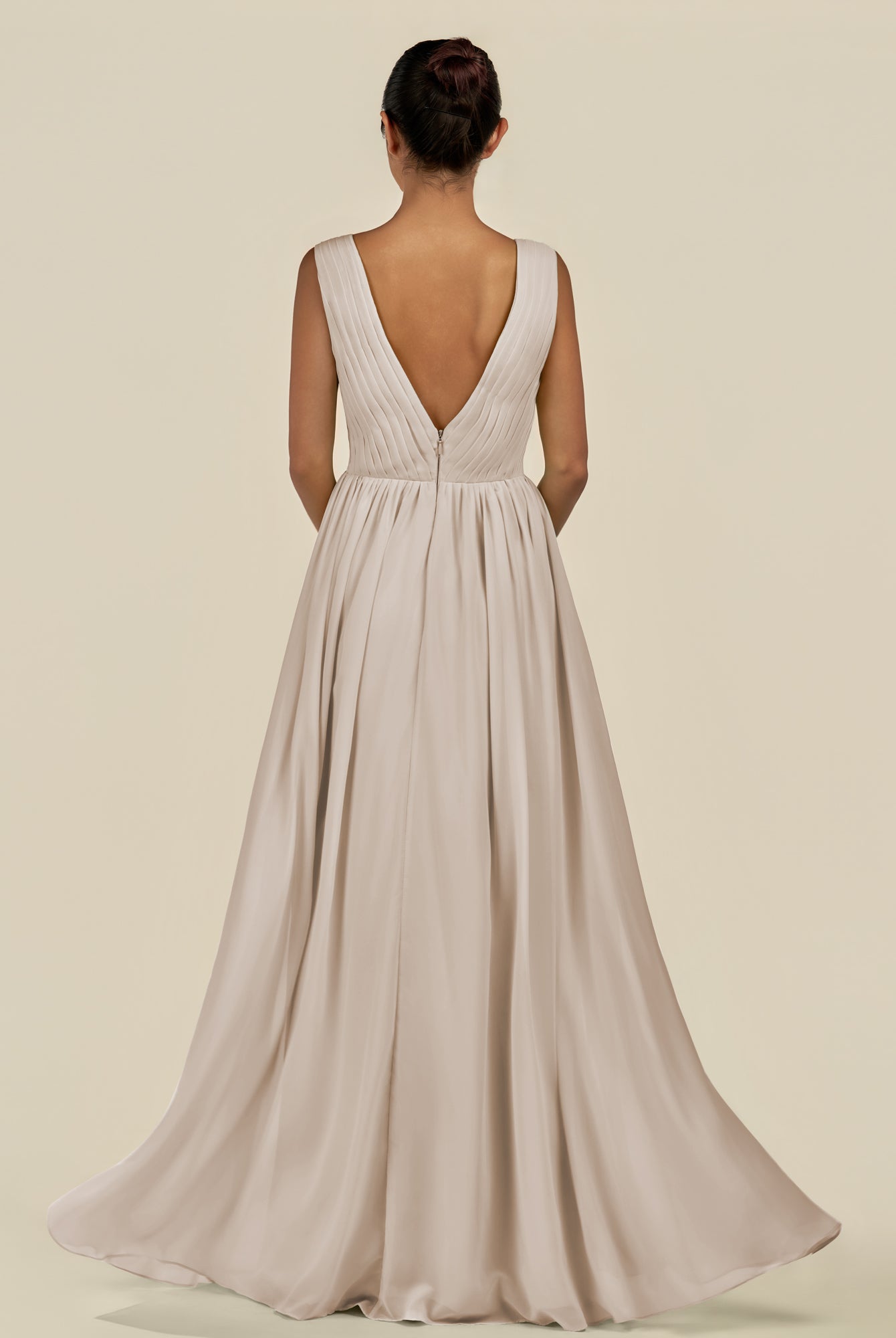 KissDress-Daryel Frost A Line Chiffon V Neck Pleated Long Bridesmaid Dress