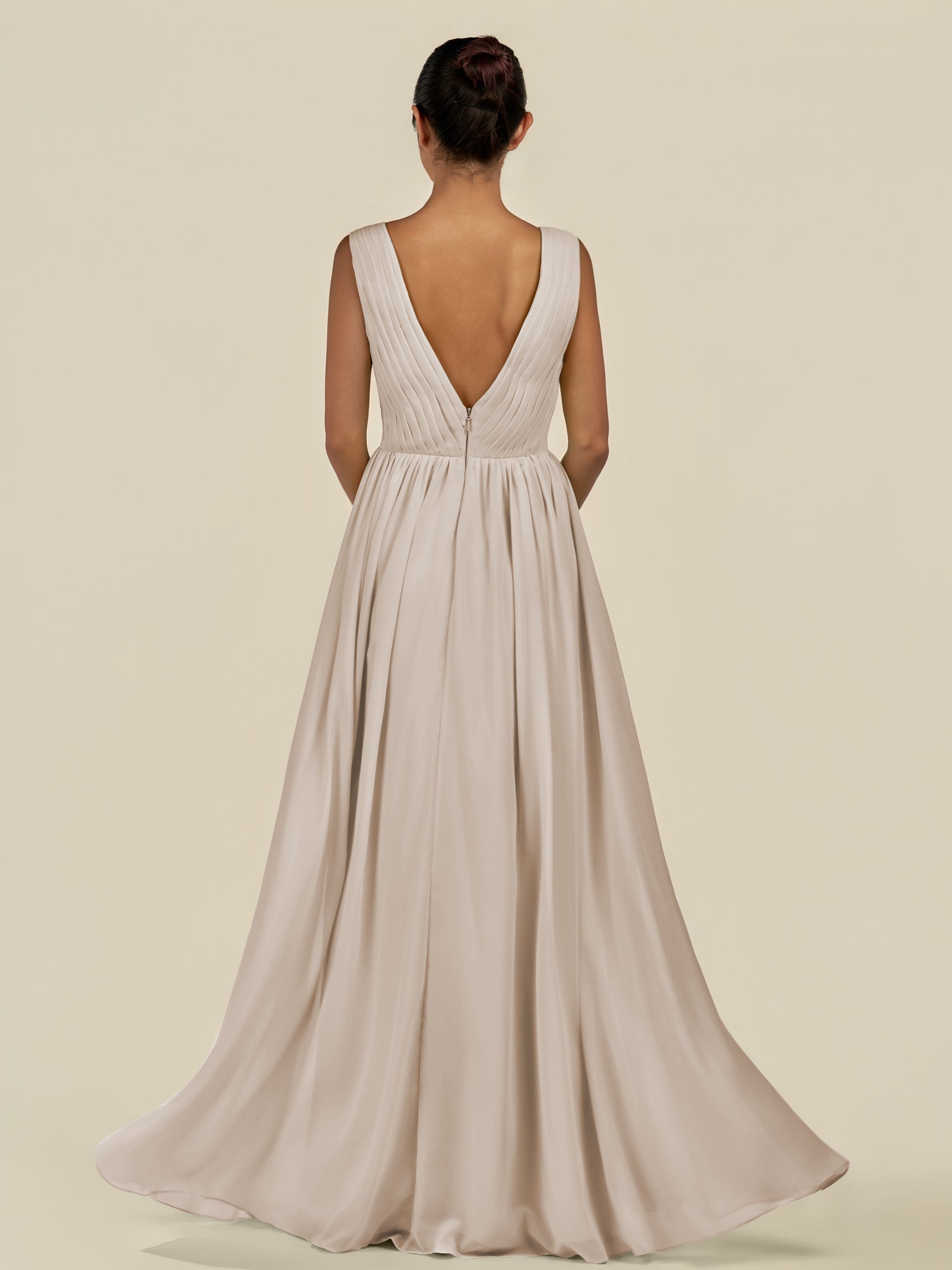 KissDress-Daryel Frost A Line Chiffon V Neck Pleated Long Bridesmaid Dress