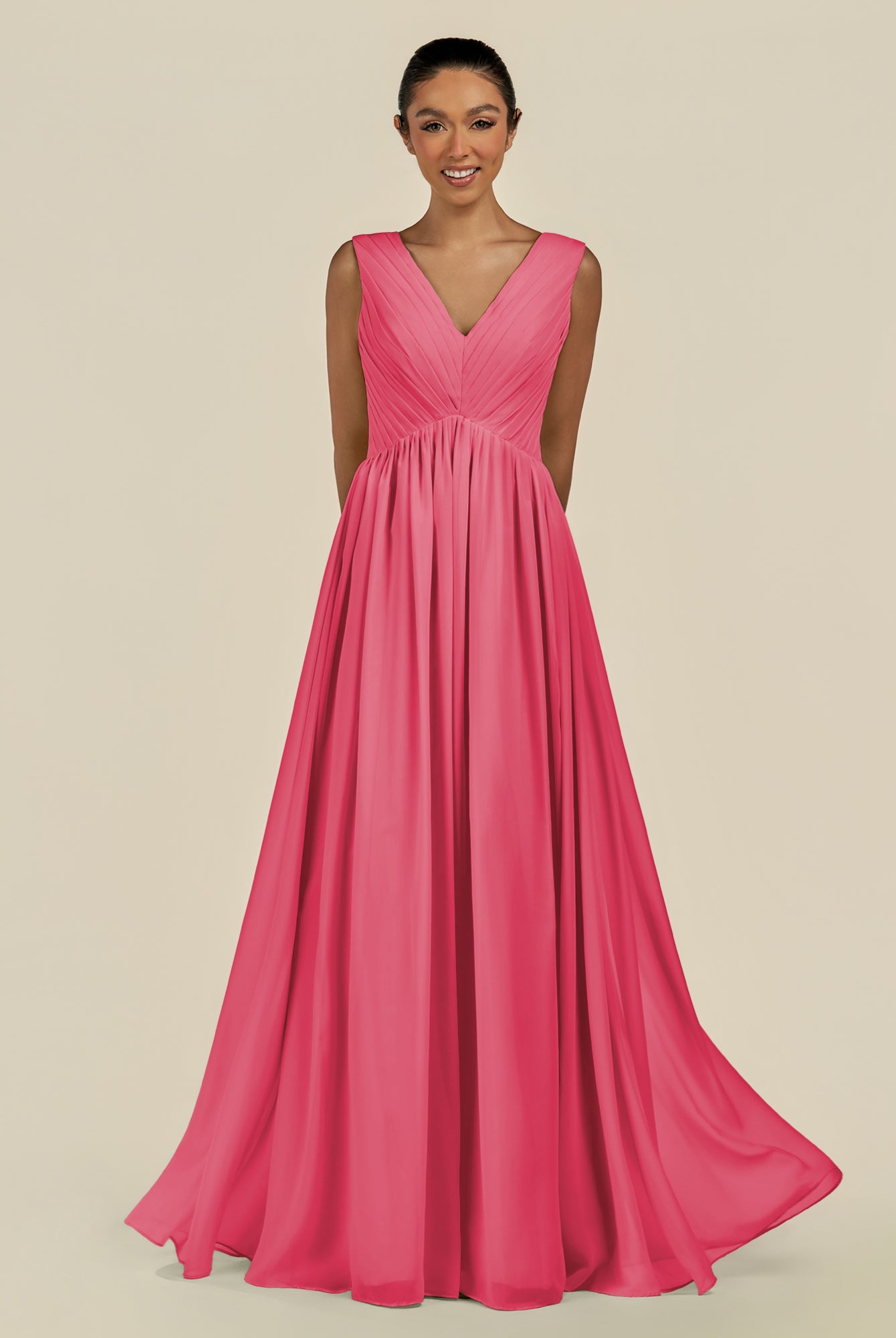 KissDress-Daryel Fuchsia A Line Chiffon V Neck Pleated Long Bridesmaid Dress