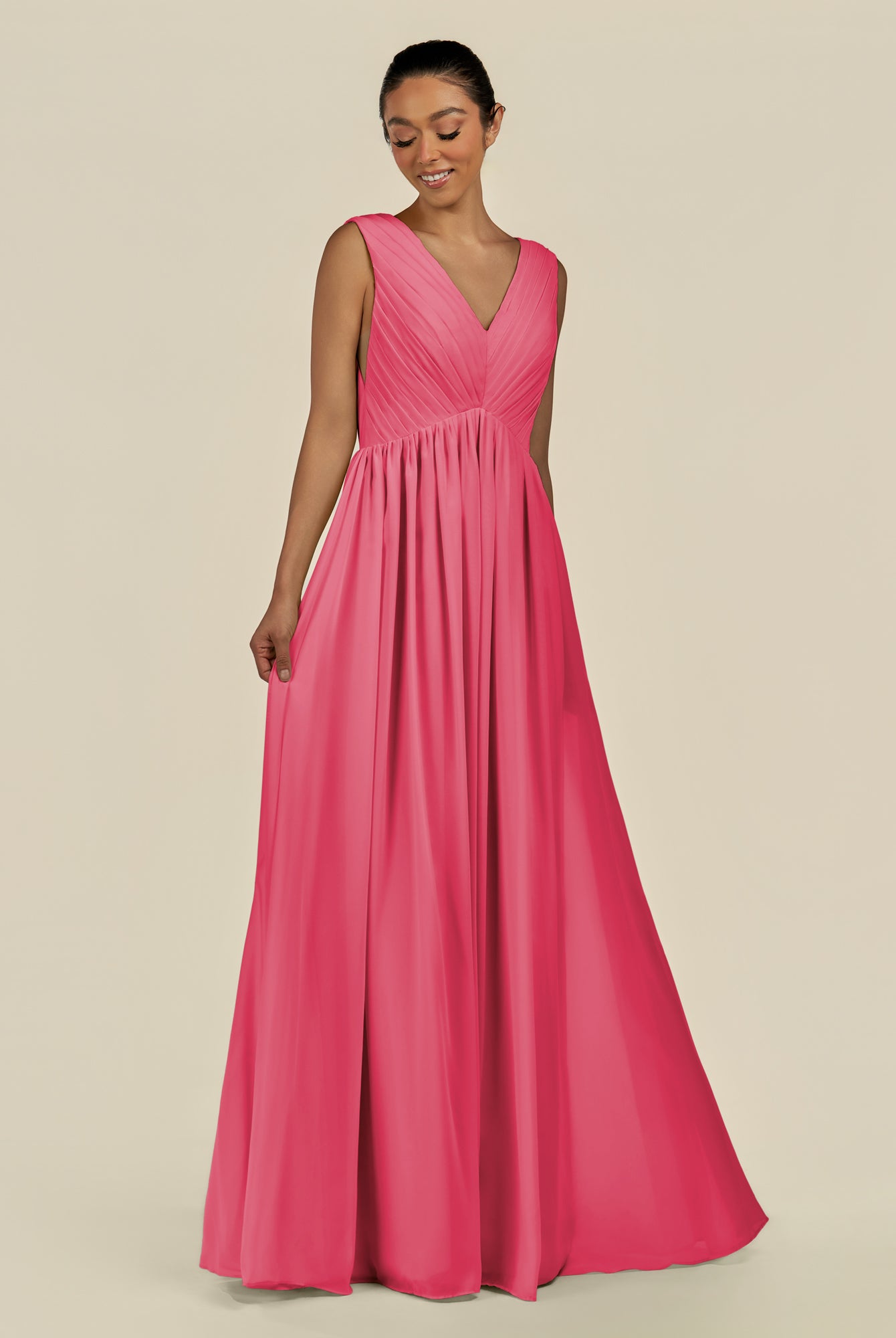 KissDress-Daryel Fuchsia A Line Chiffon V Neck Pleated Long Bridesmaid Dress