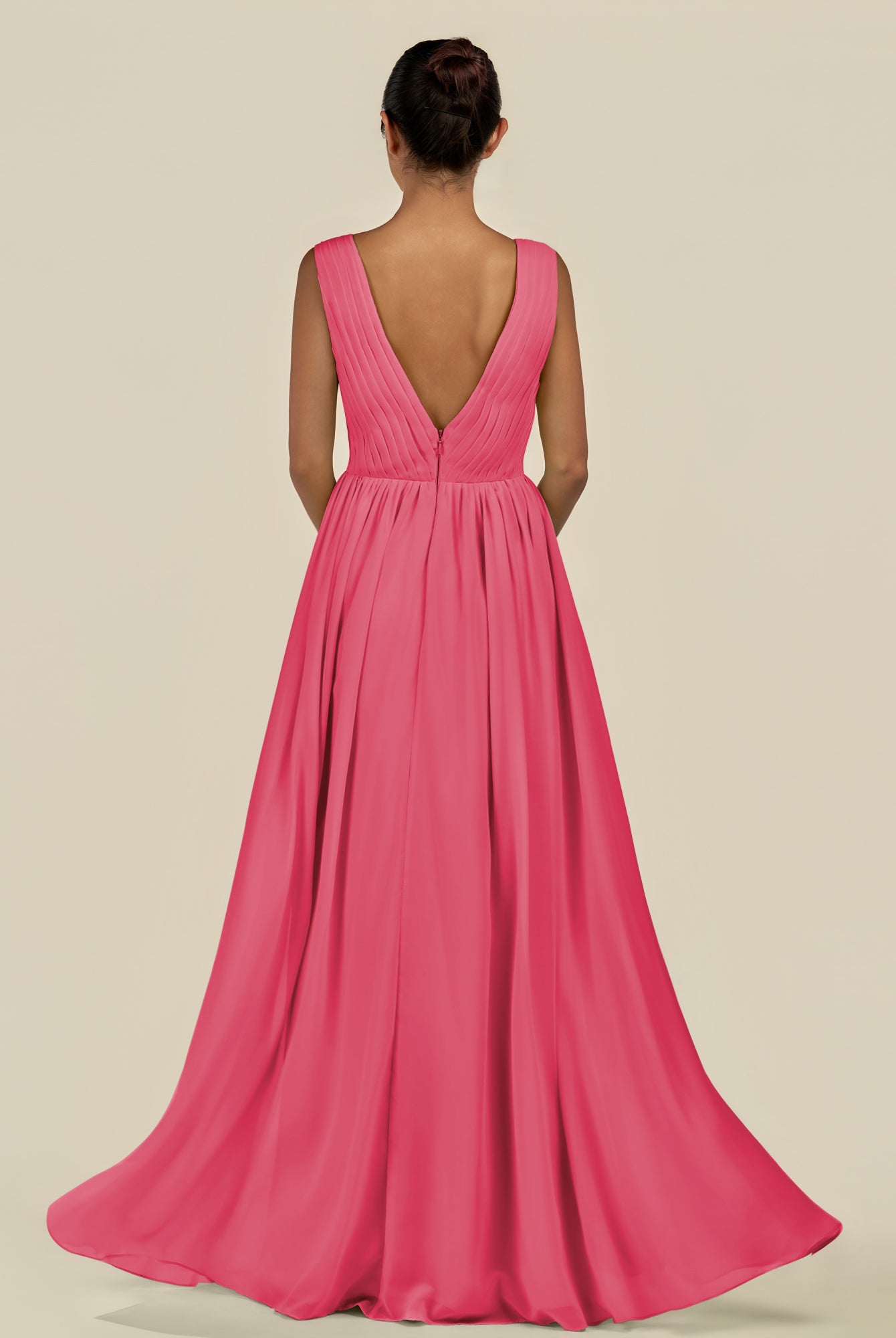 KissDress-Daryel Fuchsia A Line Chiffon V Neck Pleated Long Bridesmaid Dress