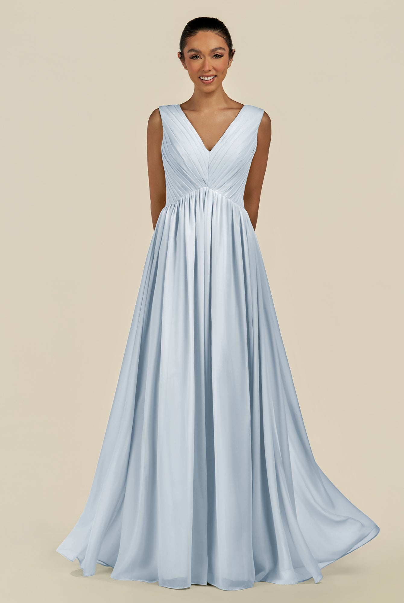 KissDress-Daryel Ice A Line Chiffon V Neck Pleated Long Bridesmaid Dress