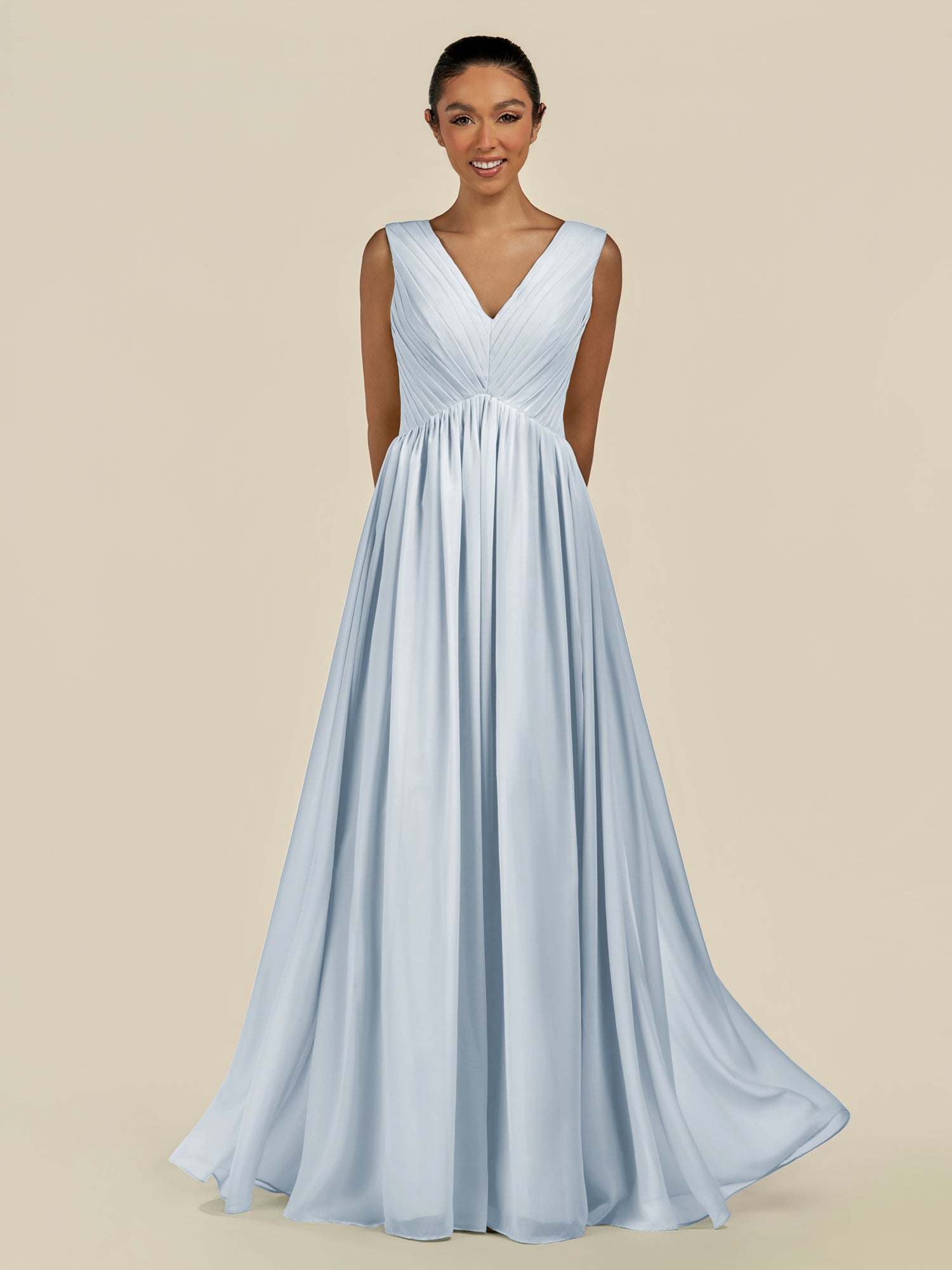 KissDress-Daryel Ice A Line Chiffon V Neck Pleated Long Bridesmaid Dress