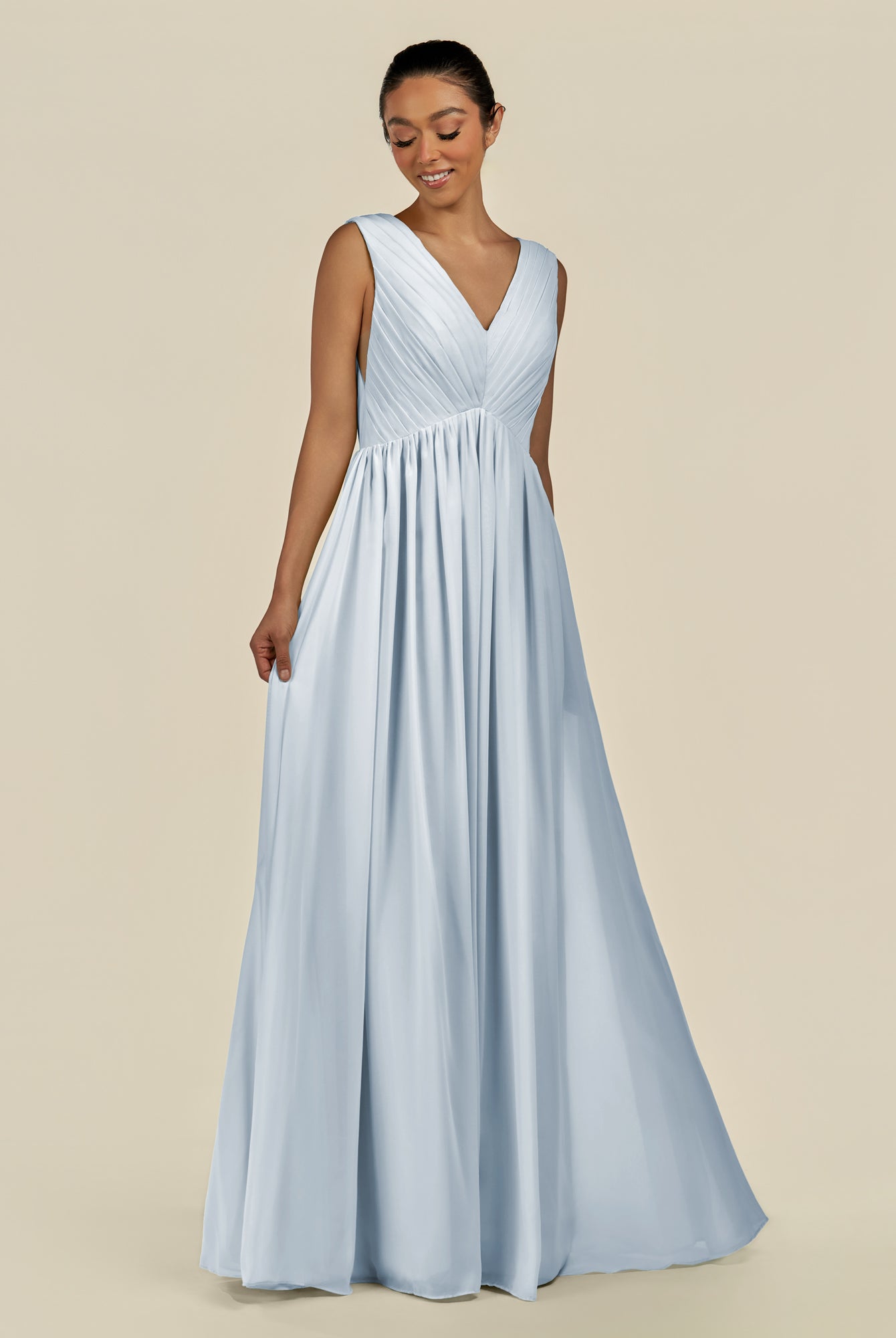KissDress-Daryel Ice A Line Chiffon V Neck Pleated Long Bridesmaid Dress