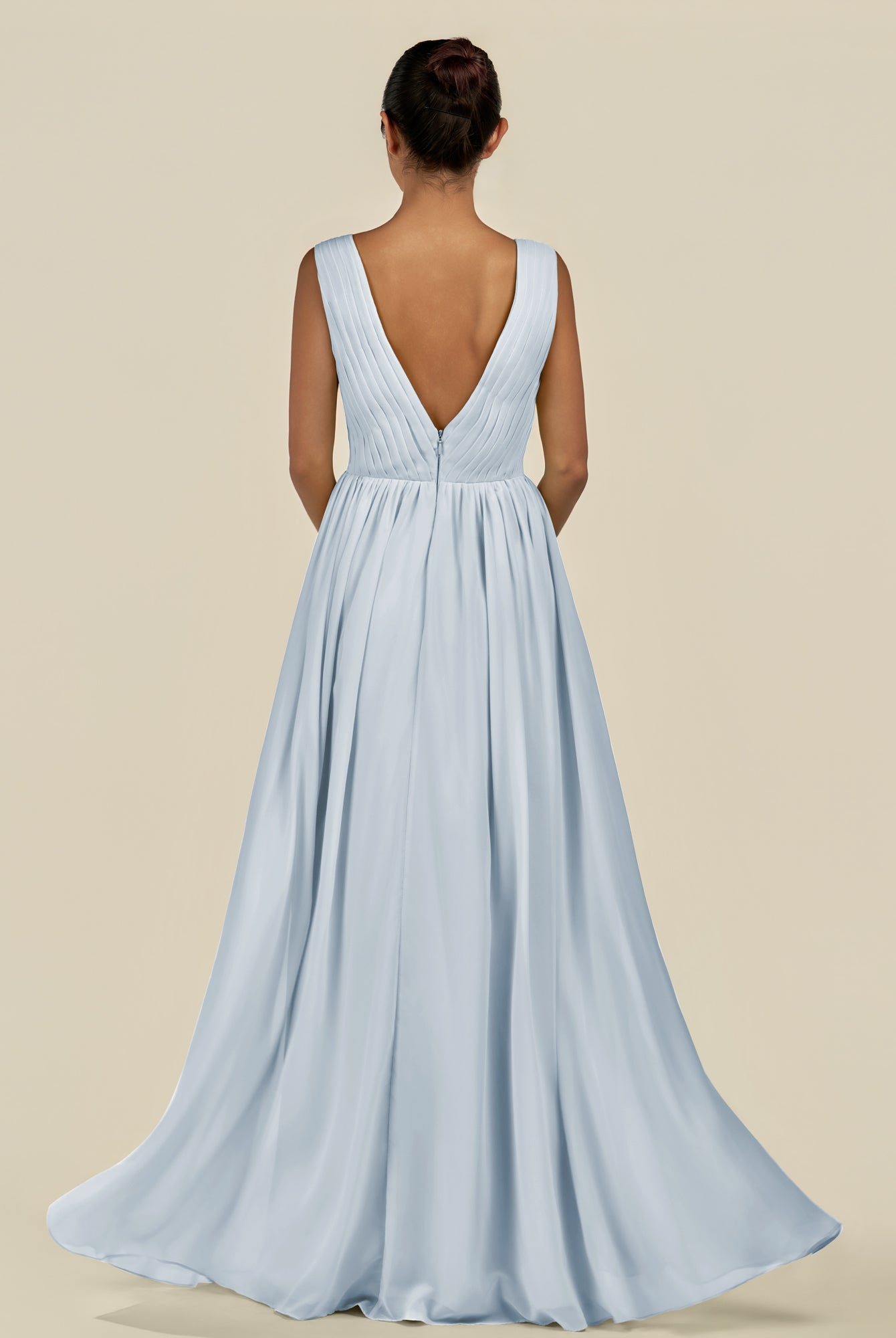 KissDress-Daryel Ice A Line Chiffon V Neck Pleated Long Bridesmaid Dress