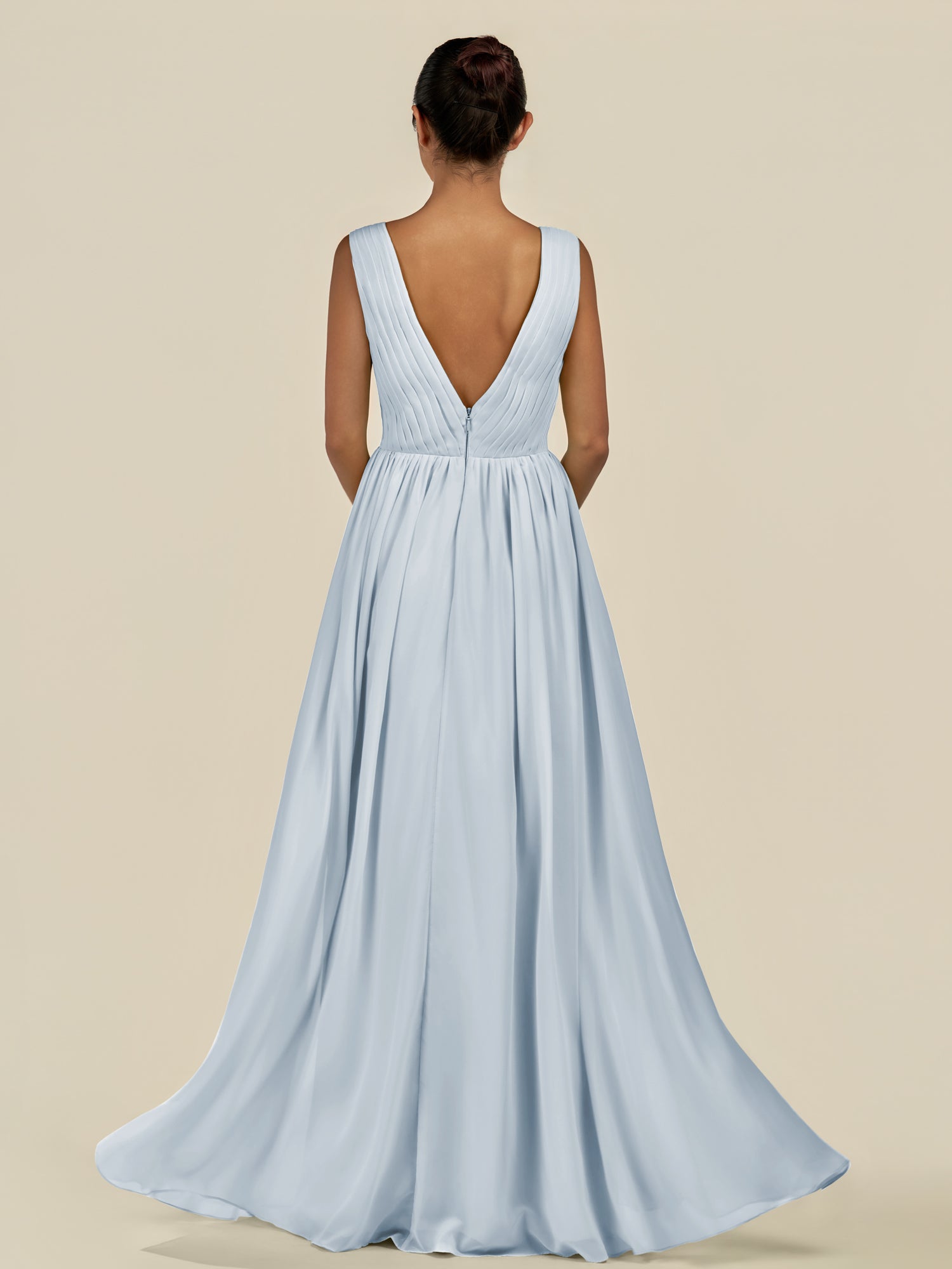 KissDress-Daryel Ice A Line Chiffon V Neck Pleated Long Bridesmaid Dress