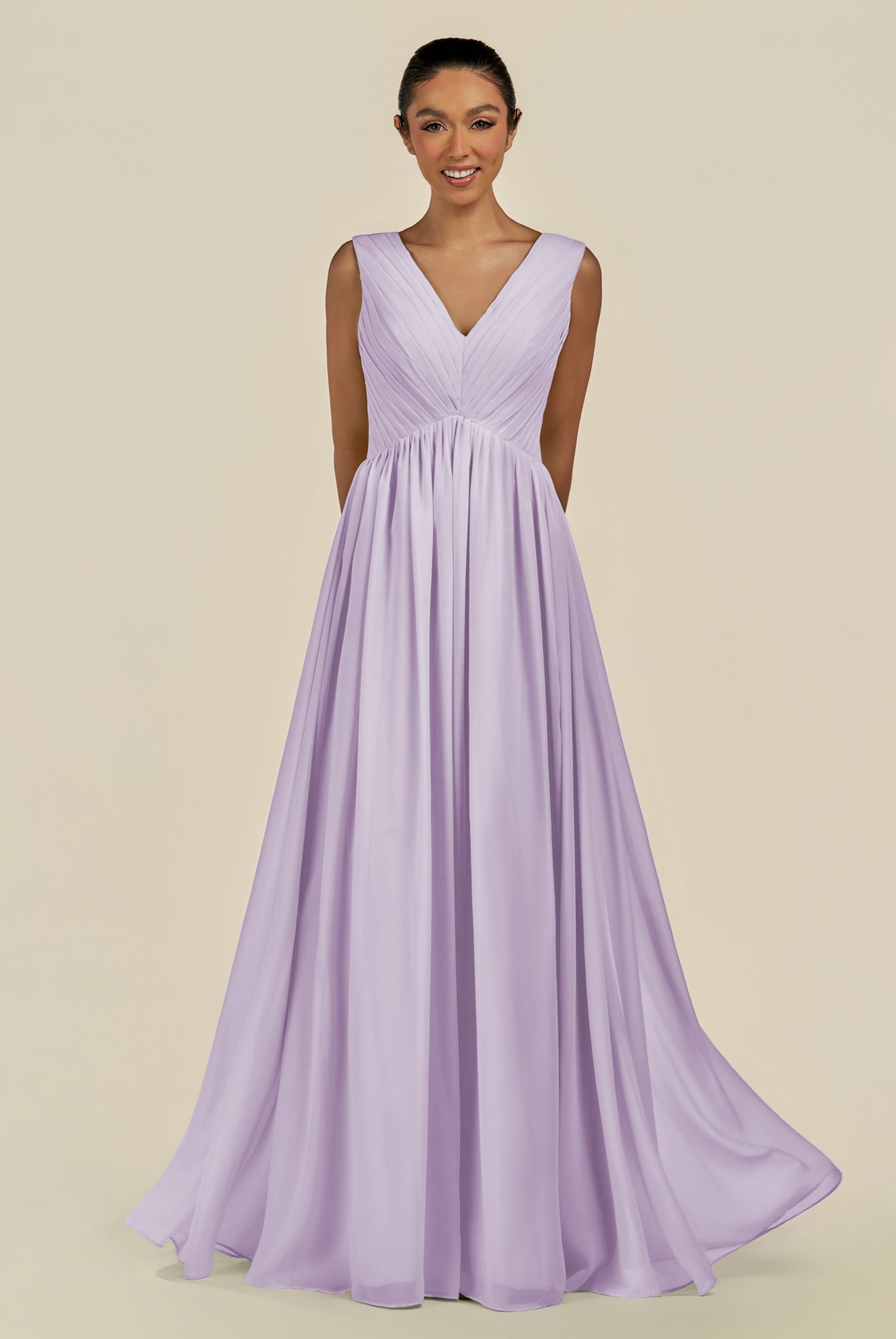 KissDress-Daryel Lavender A Line Chiffon V Neck Pleated Long Bridesmaid Dress