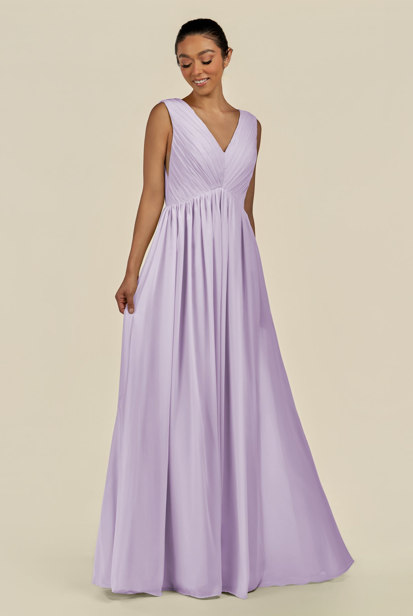 KissDress-Daryel Lavender A Line Chiffon V Neck Pleated Long Bridesmaid Dress