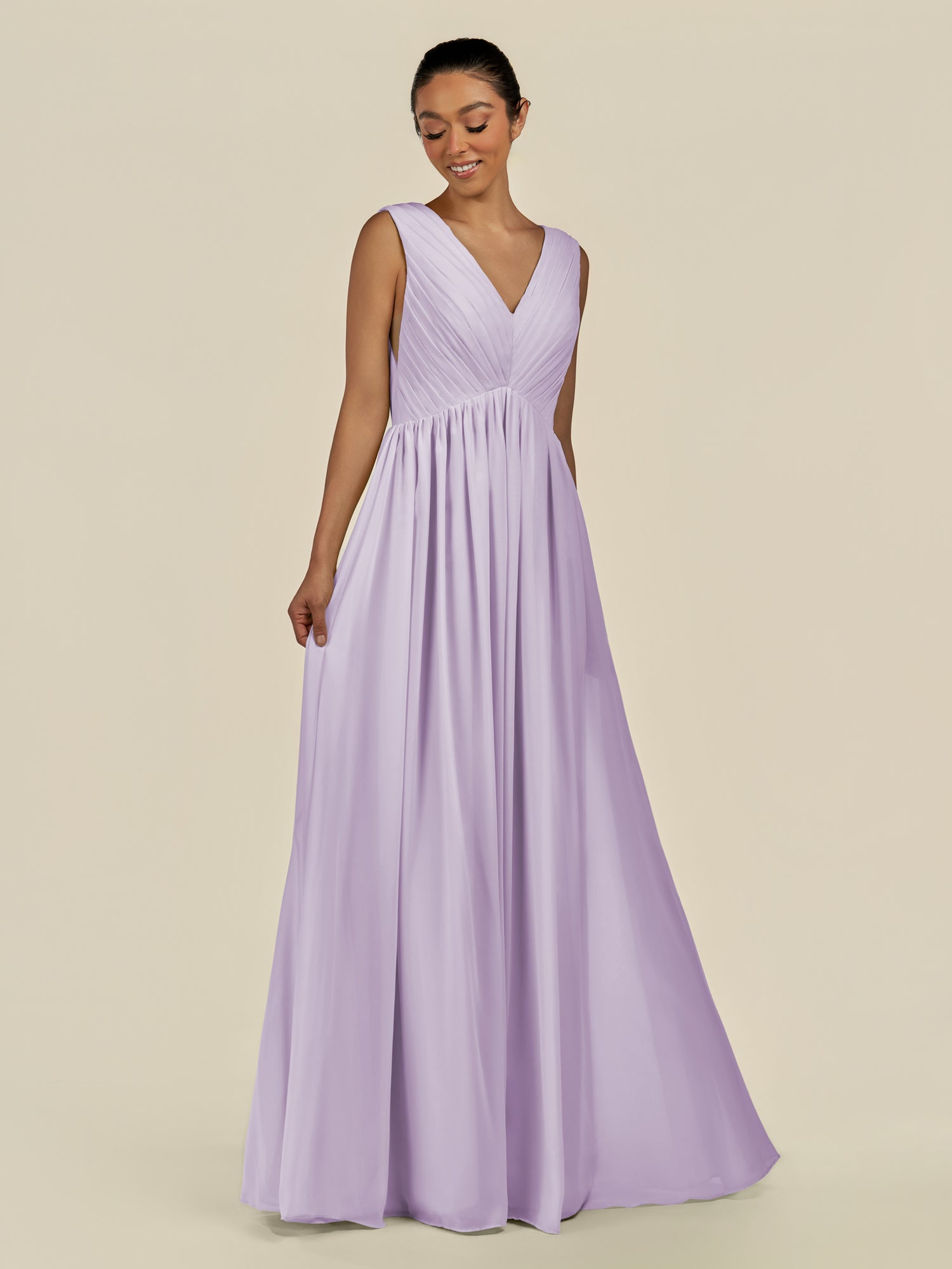 KissDress-Daryel Lavender A Line Chiffon V Neck Pleated Long Bridesmaid Dress