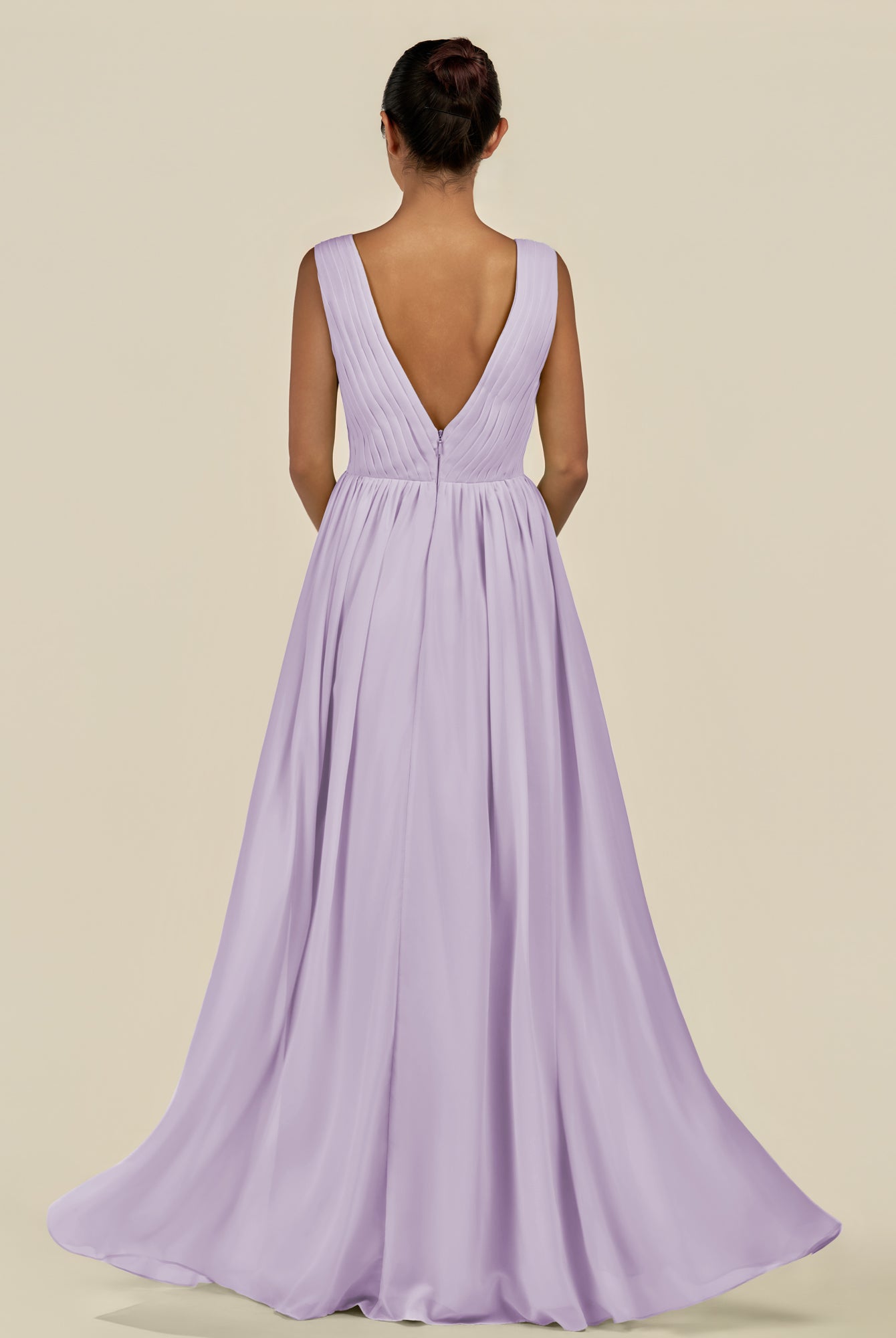KissDress-Daryel Lavender A Line Chiffon V Neck Pleated Long Bridesmaid Dress