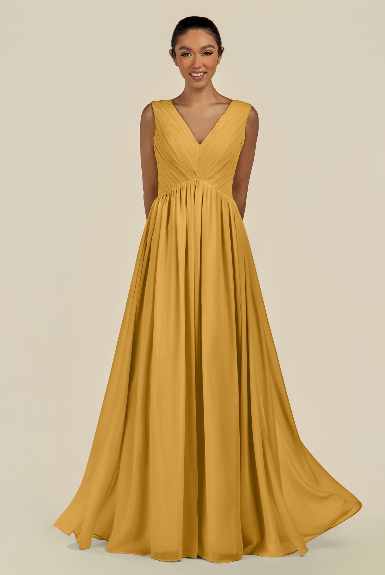 KissDress-Daryel Marigold A Line Chiffon V Neck Pleated Long Bridesmaid Dress