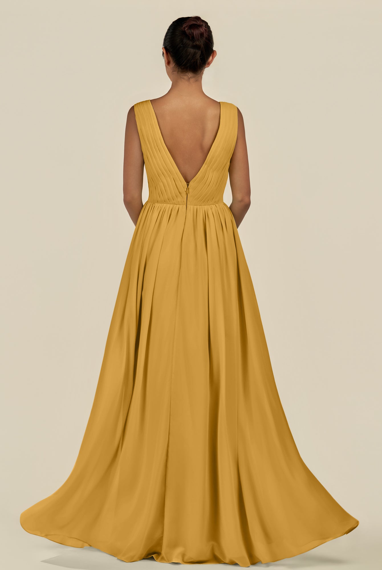 KissDress-Daryel Marigold A Line Chiffon V Neck Pleated Long Bridesmaid Dress