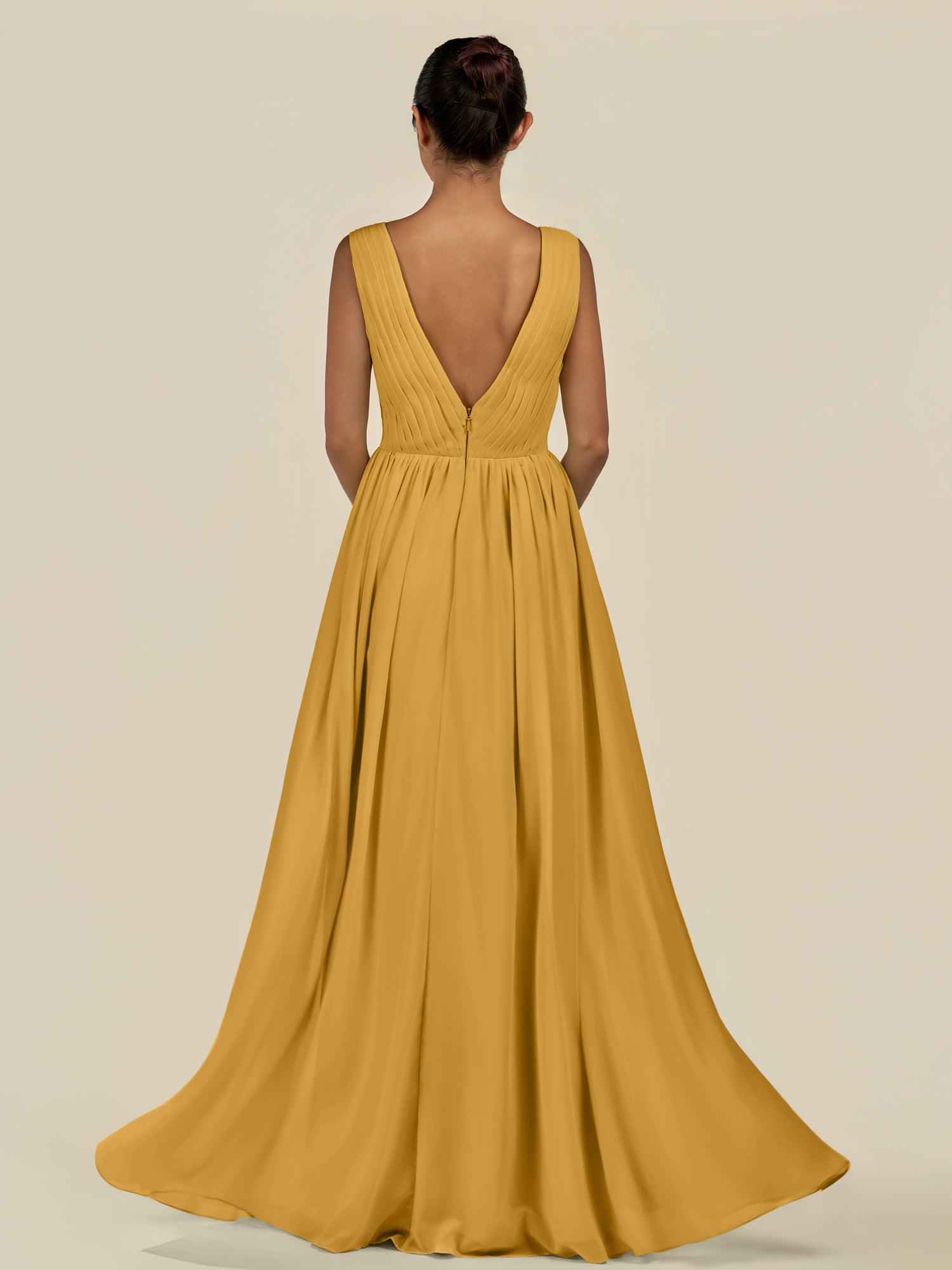 KissDress-Daryel Marigold A Line Chiffon V Neck Pleated Long Bridesmaid Dress