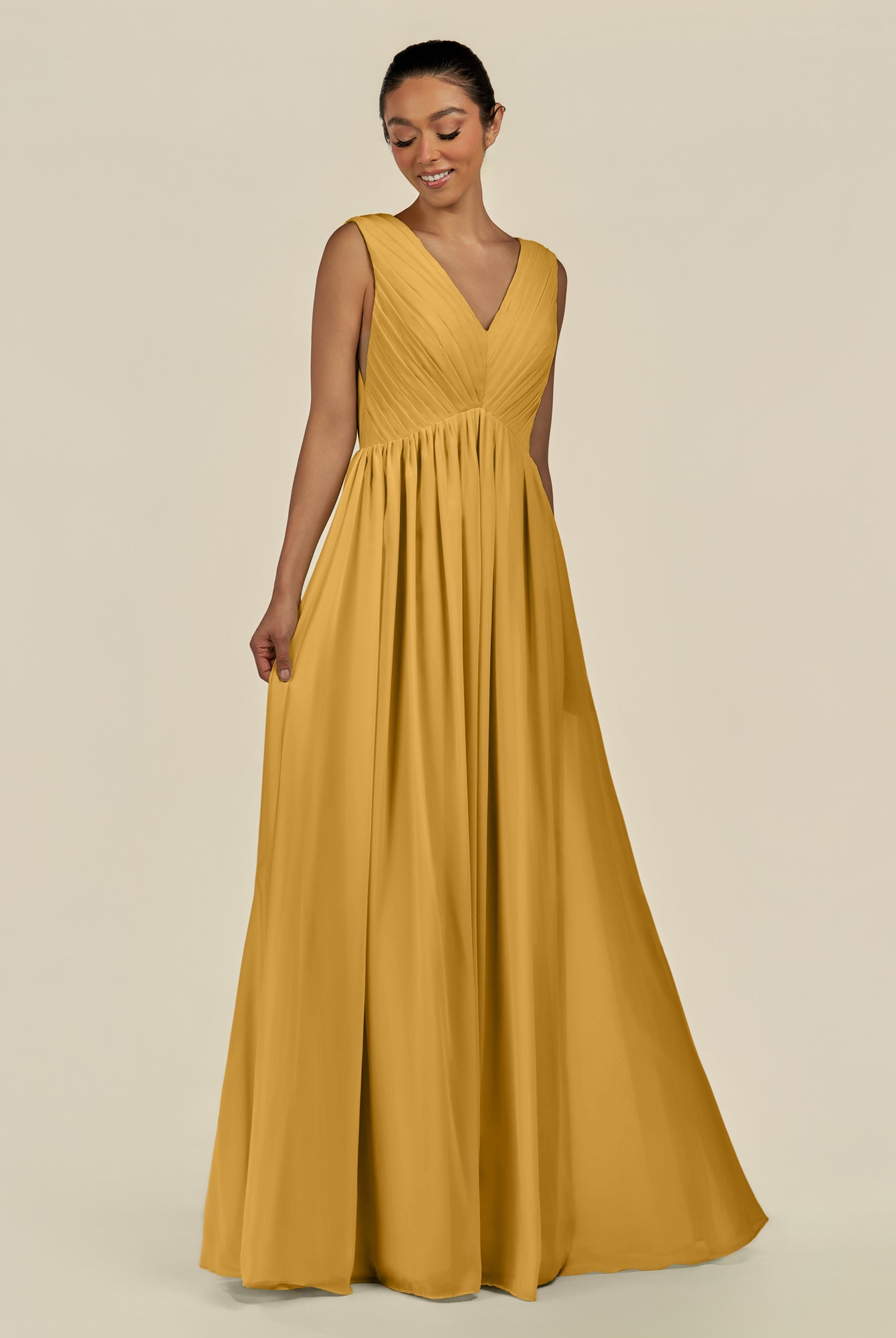 KissDress-Daryel Marigold A Line Chiffon V Neck Pleated Long Bridesmaid Dress