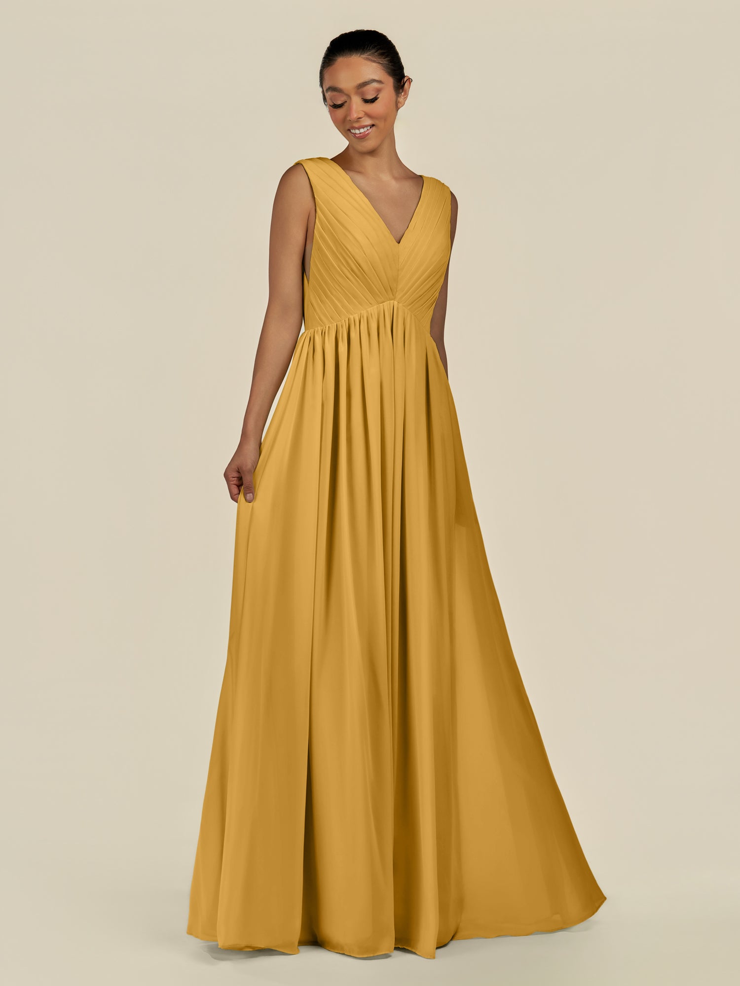 KissDress-Daryel Marigold A Line Chiffon V Neck Pleated Long Bridesmaid Dress