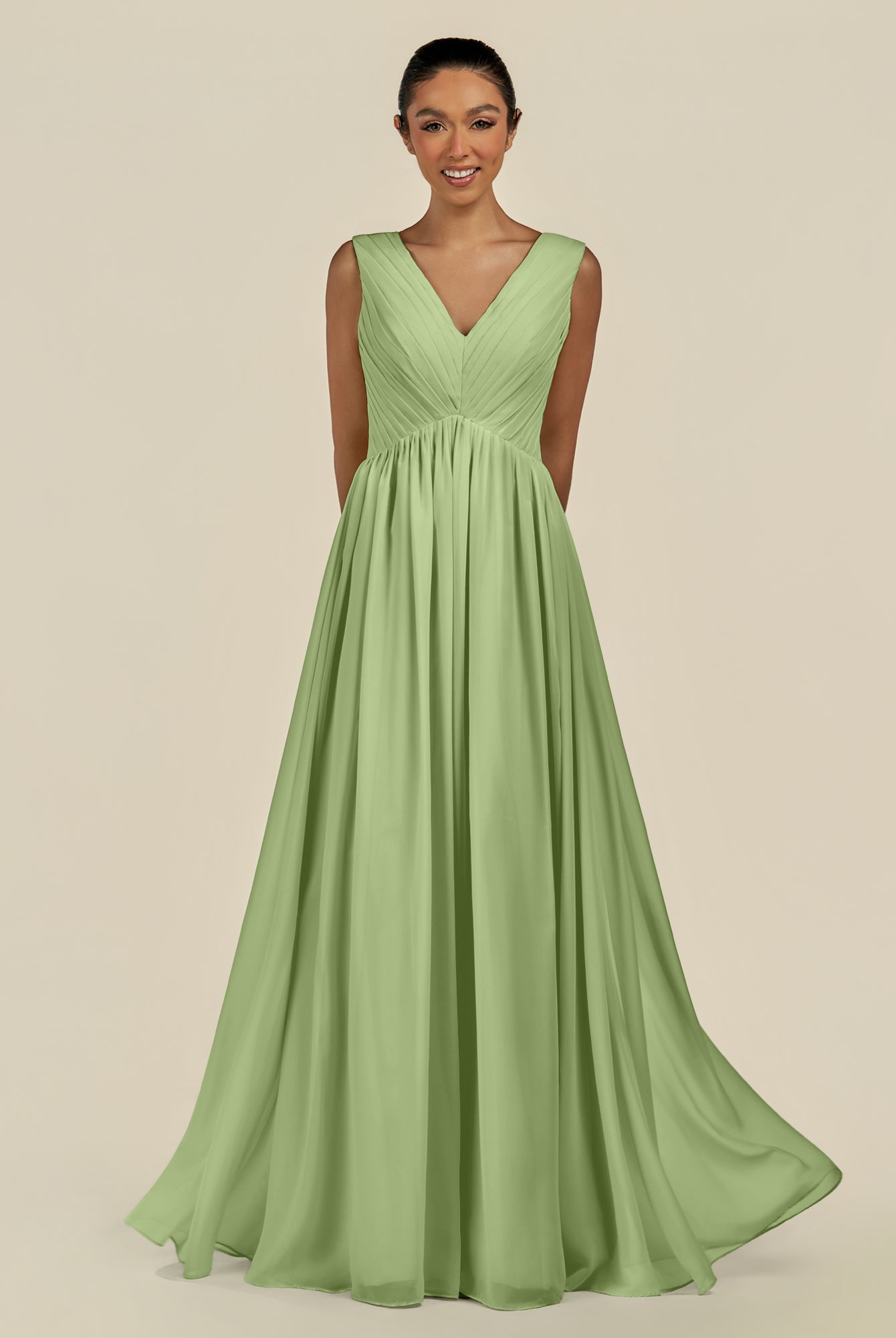 KissDress-Daryel Matcha A Line Chiffon V Neck Pleated Long Bridesmaid Dress