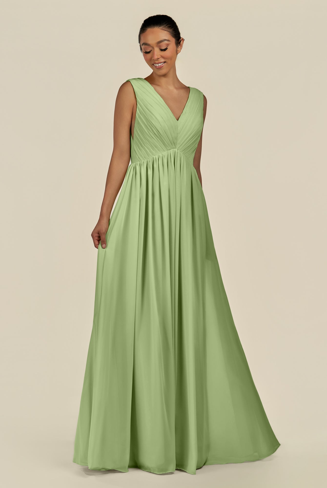 KissDress-Daryel Matcha A Line Chiffon V Neck Pleated Long Bridesmaid Dress