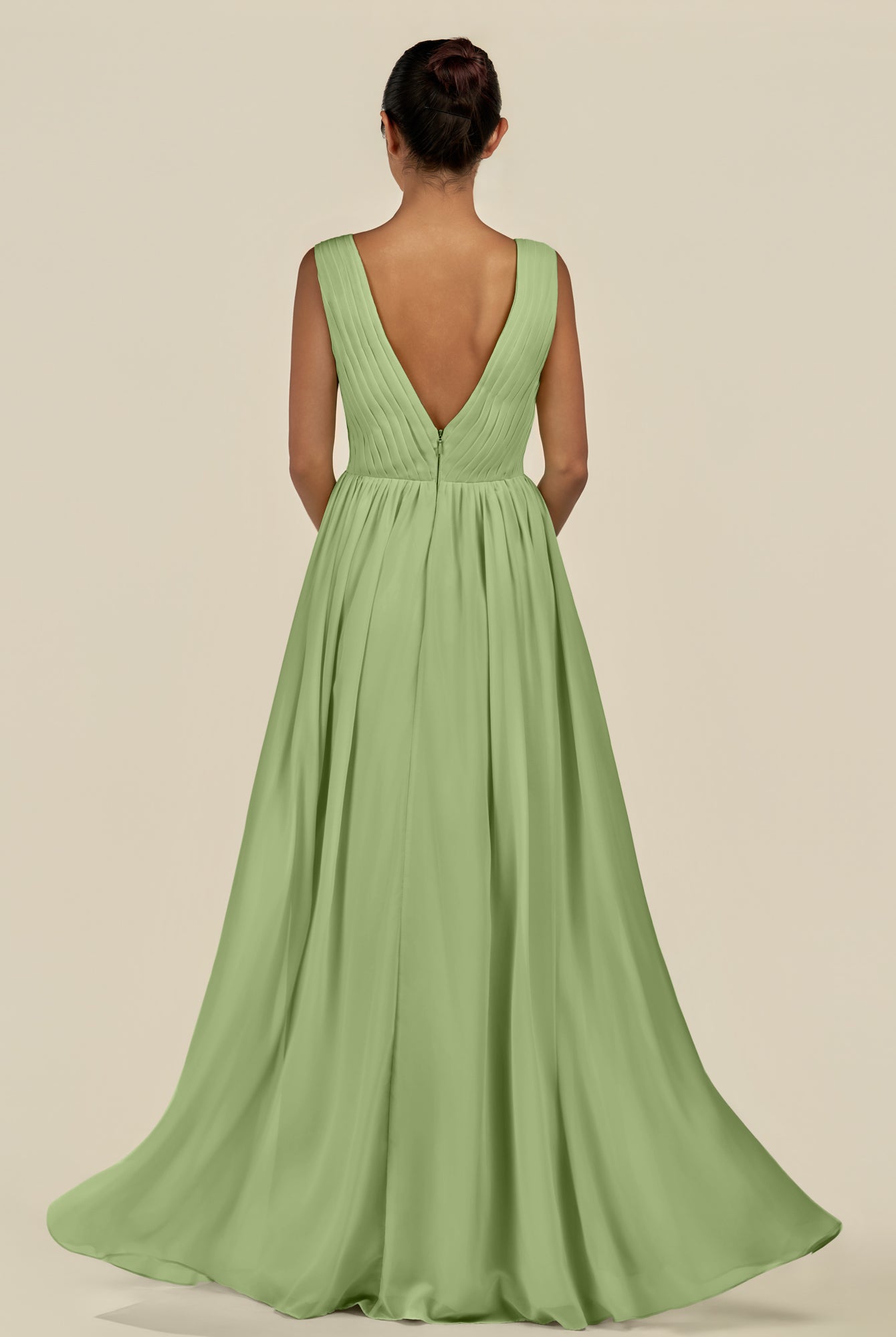 KissDress-Daryel Matcha A Line Chiffon V Neck Pleated Long Bridesmaid Dress